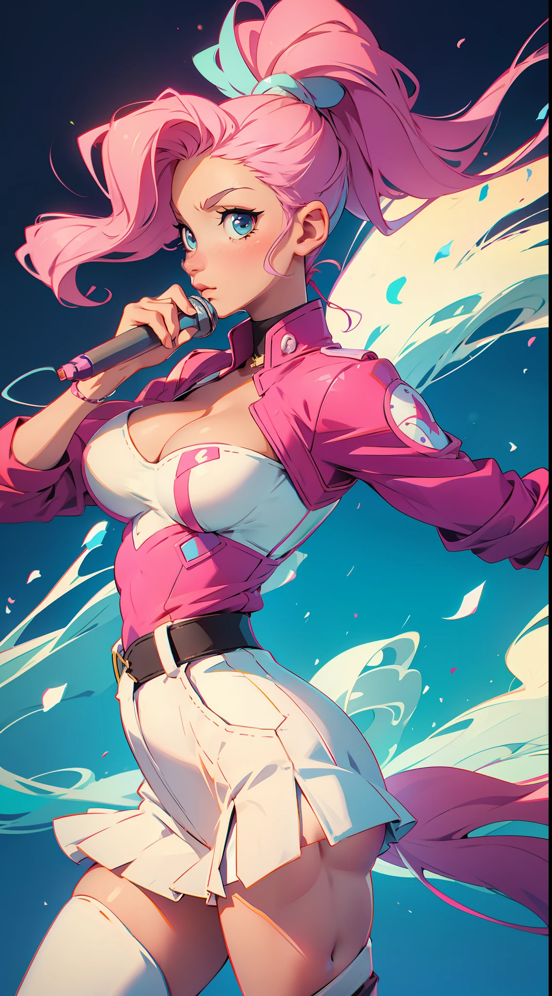 anime waifu a pop k singer, beautiful and colorful clothes, perfect body, huge breasts, background stage