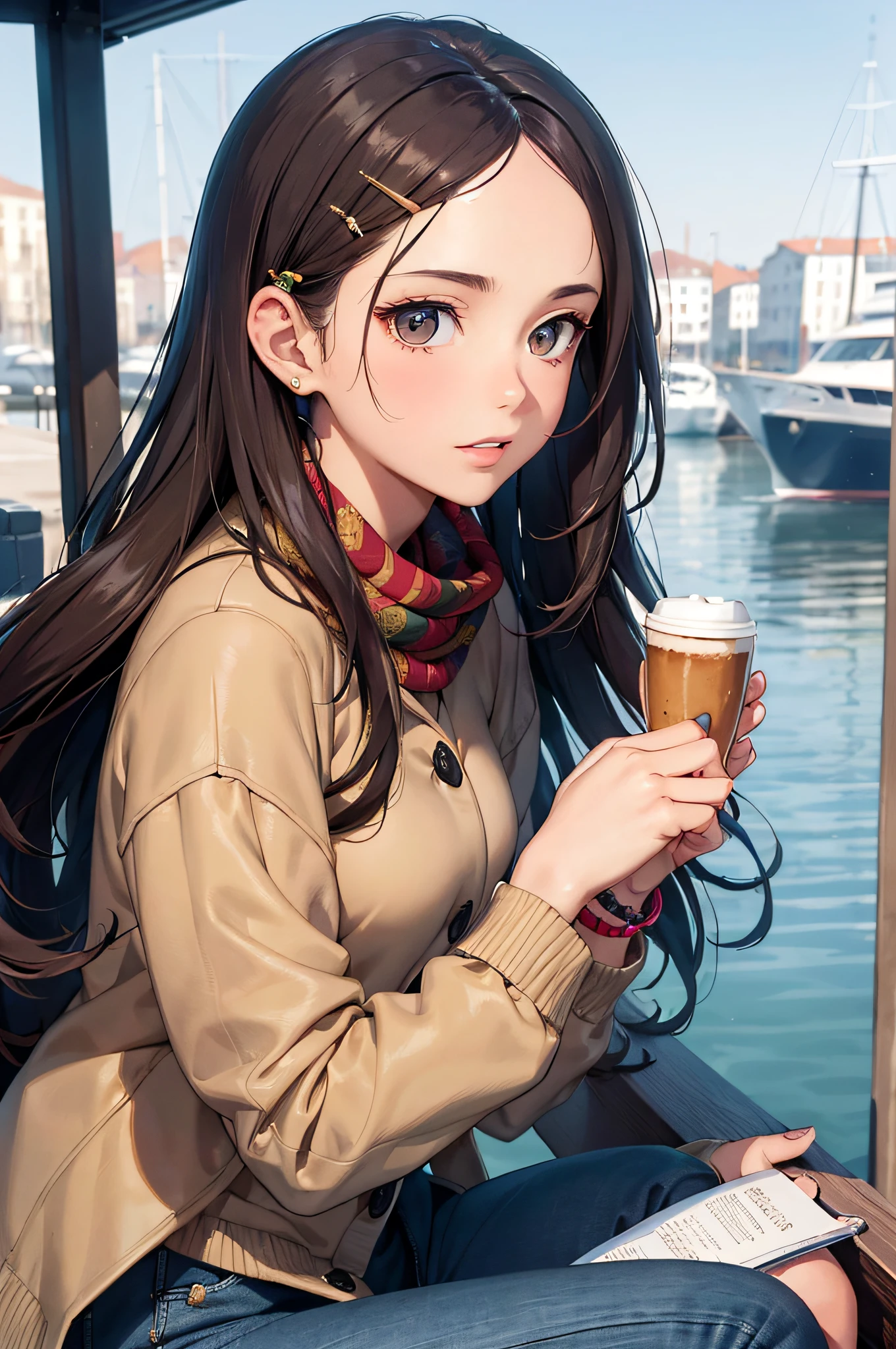(masterpiece), (portrait), (aesthetic), (beautiful), (upper blody), (high quality), (aesthetic clothings), (professional angle), (rule of thirds), (Feminine), (woman), (female), (beautiful),(feminine features), (25 years), solo, 1 woman, (attractive Spanish), Autumn, Warm light, (Sitting), Elegant Makeup, (Medium bust), ((holding a Cup of Coffee)), (Side face), (Serene expression), ((Sophisticated Mood)), Scarf and Bracelets, ((Long hair)), (Brown hair), (Curly hair), (Voluminous hair), Natural shine hair, (Hair Clip in hair), (Brown eyes), (Chic look), (Olive skin), (Neutral clothing), (Sweater), (Coat), (Jeans), Boat Neck neckline), ((Urban background)), (- in background), (Close-up shot), beautiful hands, two hands, normal hands, two arms, complete hands, beautiful body, beautiful fingers, normal fingers, five fingers, five fingers, (Thumb index meddle ring little fingers), beautiful ears, normal ears, beautiful eyes, shiny eyes, beautiful mouth, beautiful lips,