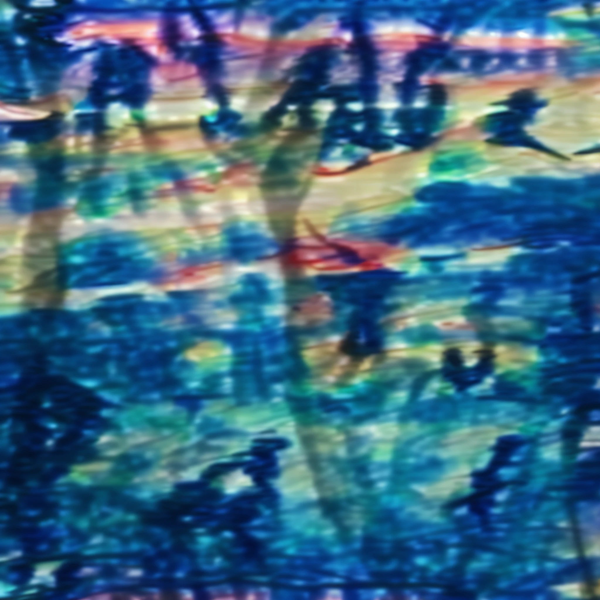 there is a blue tie dye shirt with a picture of people on it, tie-dye, multi - coloured, multi colour, ink and colours on silk, inspired by Morris Louis Bernstein, multicoloured, sam gilliam, vivid!!, 1 9 2 0's, ink and muted colours on silk, 1 9 4 0's, took on ipad
