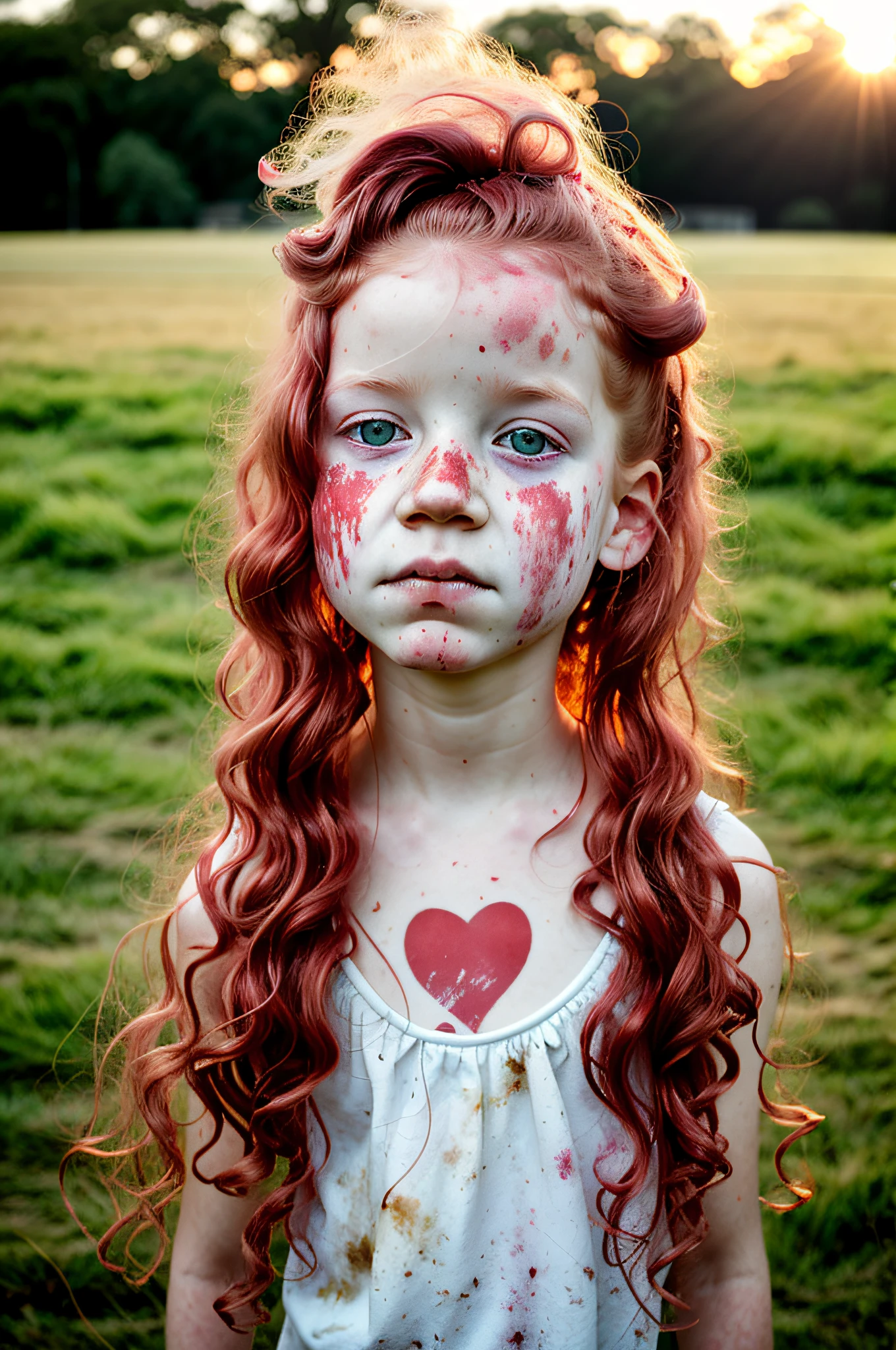 irish albino girls, texas, emotive, slaughterhouse, sunlit cottoncandy wild messy red hair glistening, cattle, americana, closeup, drenched in sunlight and shadows pattern, morning dew, haze, nostalgia, style of sally mann in color