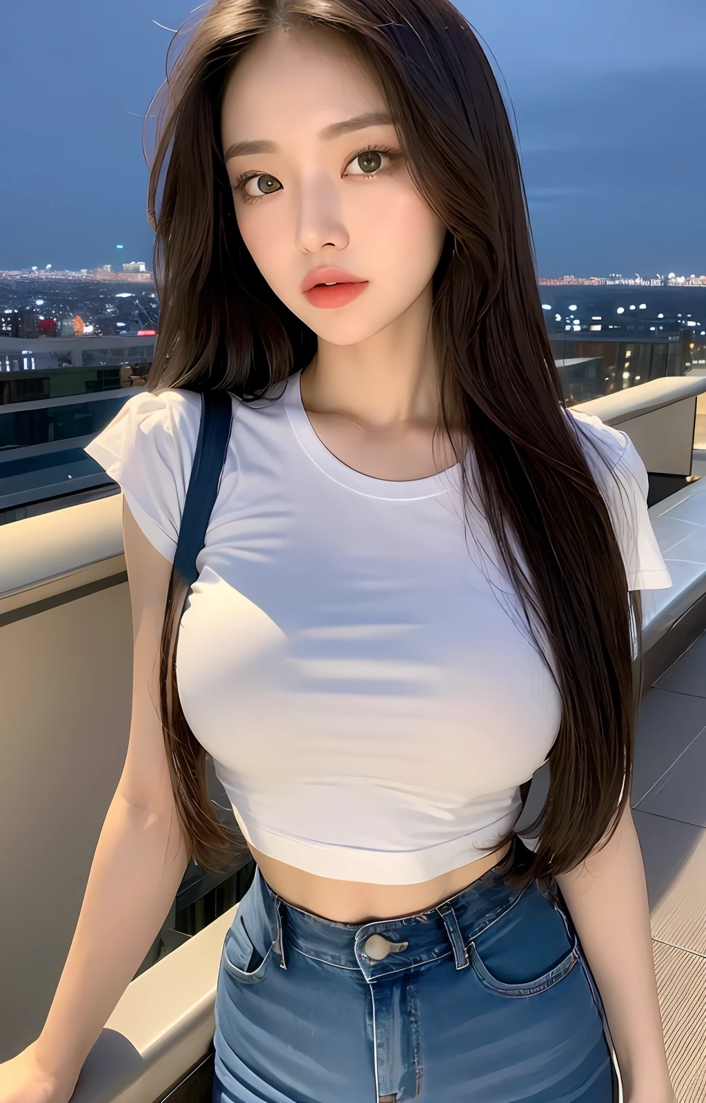 ((Midnight, Best quality, 8k, Masterpiece :1.3)), Whole body, Long legs, Sharp focus :1.2, A pretty woman with perfect figure :1.4, Slender abs :1.1, ((Dark brown hair, Big breasts :1.2)), (White tight tshirt, Jean bib, Standing:1.2), ((Night city view, Rooftop:1.3)), Highly detailed face and skin texture, Detailed eyes, Double eyelid