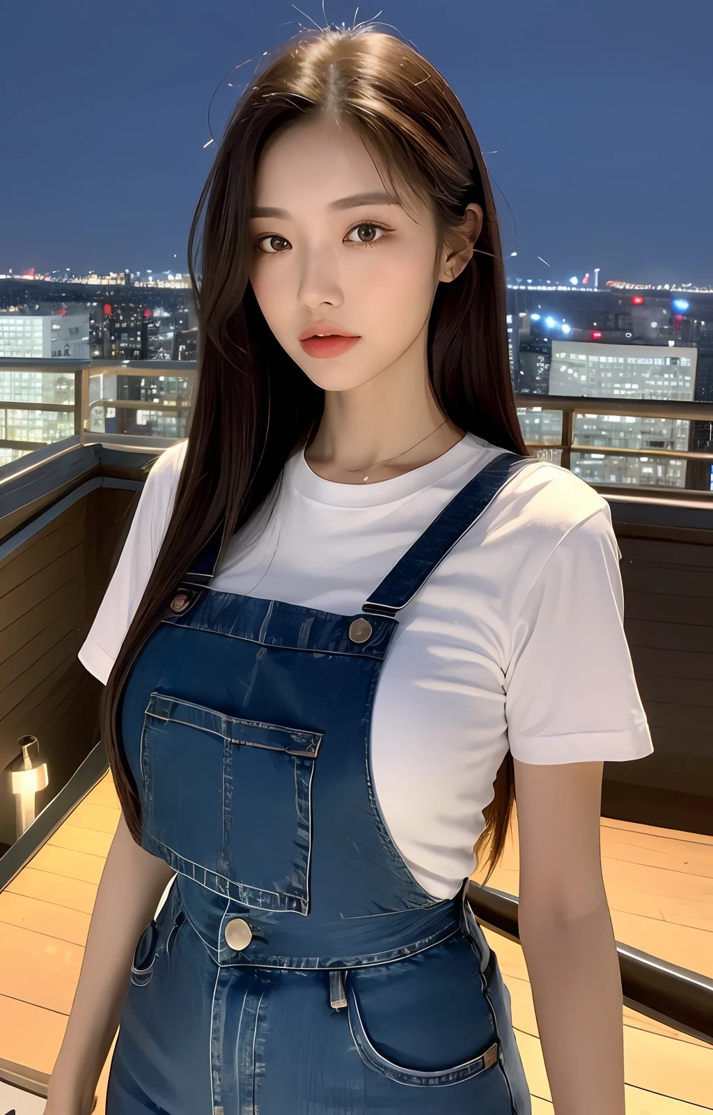 ((Midnight, Best quality, 8k, Masterpiece :1.3)), Whole body, Long legs, Sharp focus :1.2, A pretty woman with perfect figure :1.4, Slender abs :1.1, ((Dark brown hair, Big breasts :1.2)), (White tight tshirt, Jean bib, Standing:1.2), ((Night city view, Rooftop:1.3)), Highly detailed face and skin texture, Detailed eyes, Double eyelid