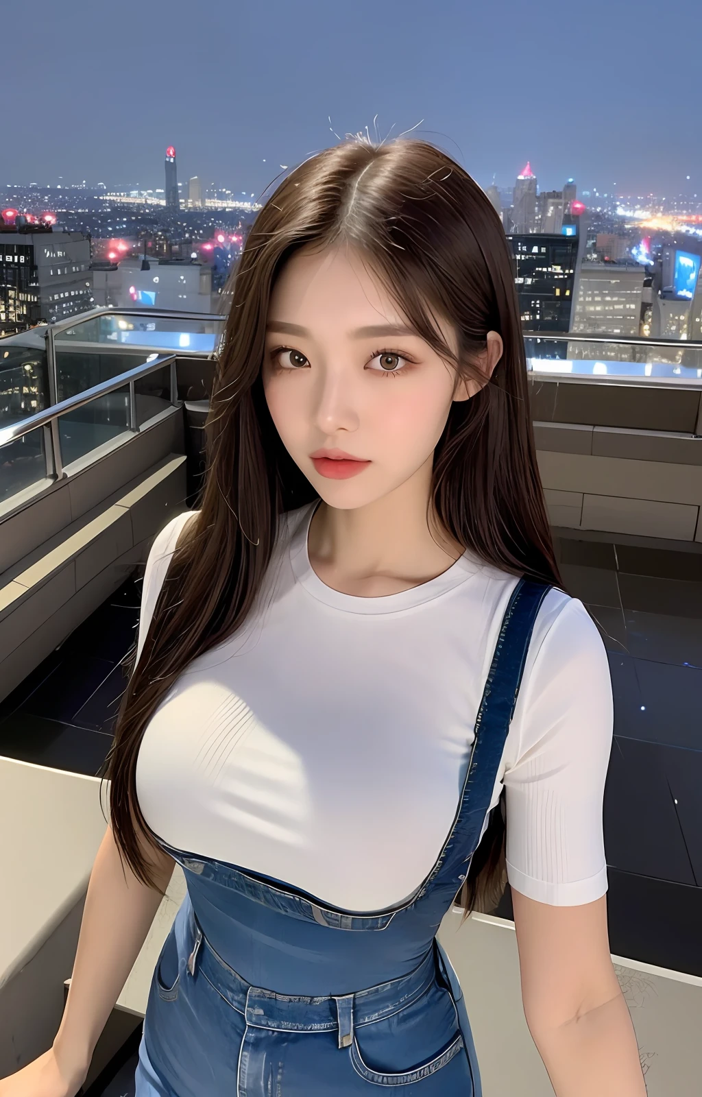 ((Midnight, Best quality, 8k, Masterpiece :1.3)), Whole body, Long legs, Sharp focus :1.2, A pretty woman with perfect figure :1.4, Slender abs :1.1, ((Dark brown hair, Big breasts :1.2)), (White tight tshirt, Jean bib, Standing:1.2), ((Night city view, Rooftop:1.3)), Highly detailed face and skin texture, Detailed eyes, Double eyelid
