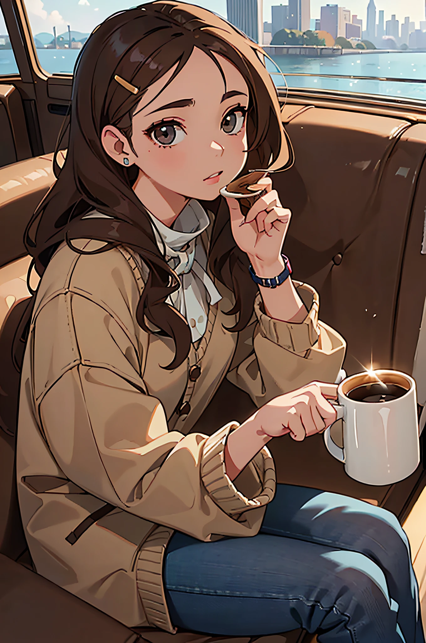 (masterpiece), (portrait), (aesthetic), (beautiful), (upper blody), (high quality), (aesthetic clothings), (professional angle), (rule of thirds), (Feminine), (woman), (female), (beautiful),(feminine features), (25 years), solo, 1 woman, (attractive Spanish), Autumn, Warm light, (Sitting), Elegant Makeup, (Medium bust), ((holding a Cup of Coffee)), (Side face), (Serene expression), ((Sophisticated Mood)), Scarf and Bracelets, ((Long hair)), (Brown hair), (Curly hair), (Voluminous hair), Natural shine hair, (Hair Clip in hair), (Brown eyes), (Chic look), (Olive skin), (Neutral clothing), (Sweater), (Coat), (Jeans), Boat Neck neckline), ((Urban background)), (- in background), (Close-up shot), beautiful hands, two hands, normal hands, two arms, complete hands, beautiful body, beautiful fingers, normal fingers, five fingers, five fingers, (Thumb index meddle ring little fingers), beautiful ears, normal ears, beautiful eyes, shiny eyes, beautiful mouth, beautiful lips,