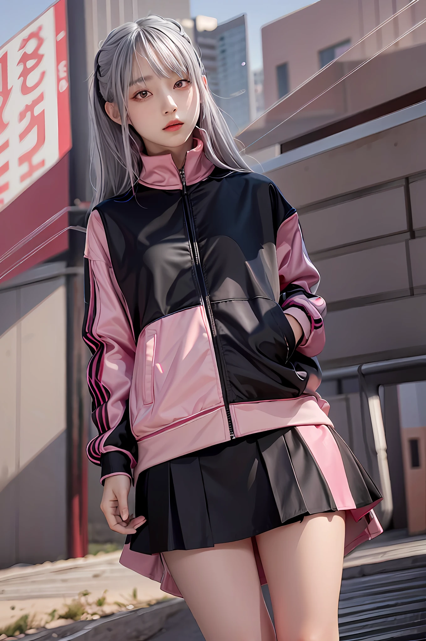 pink jacket, black skirt, photorealistic, high resolution, 1 girl, gray hair, korean, heterochromic eyes, small moles under the eyes, bikini, big,