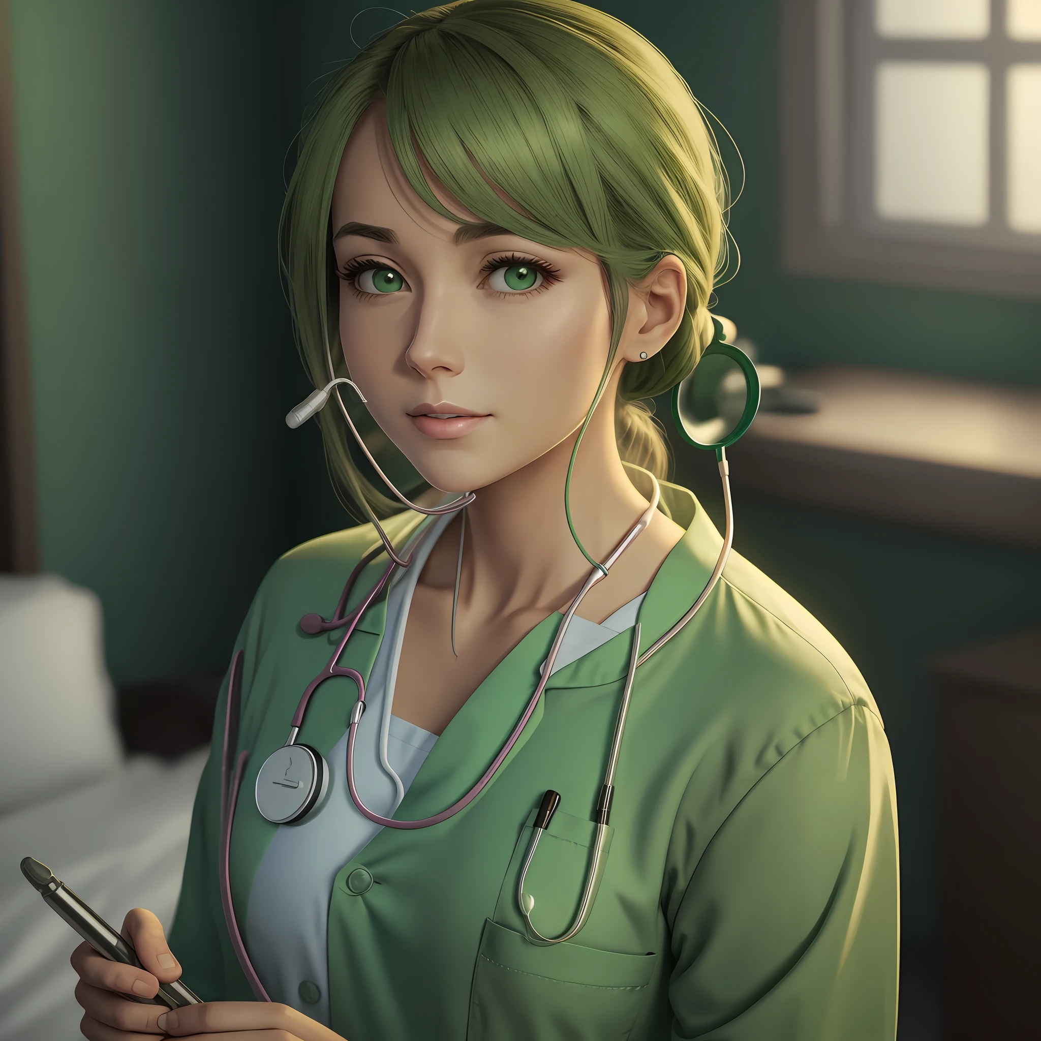 Realistic nurse wearing light green pajamas with stethoscope on neck looking straight ahead --auto --s2