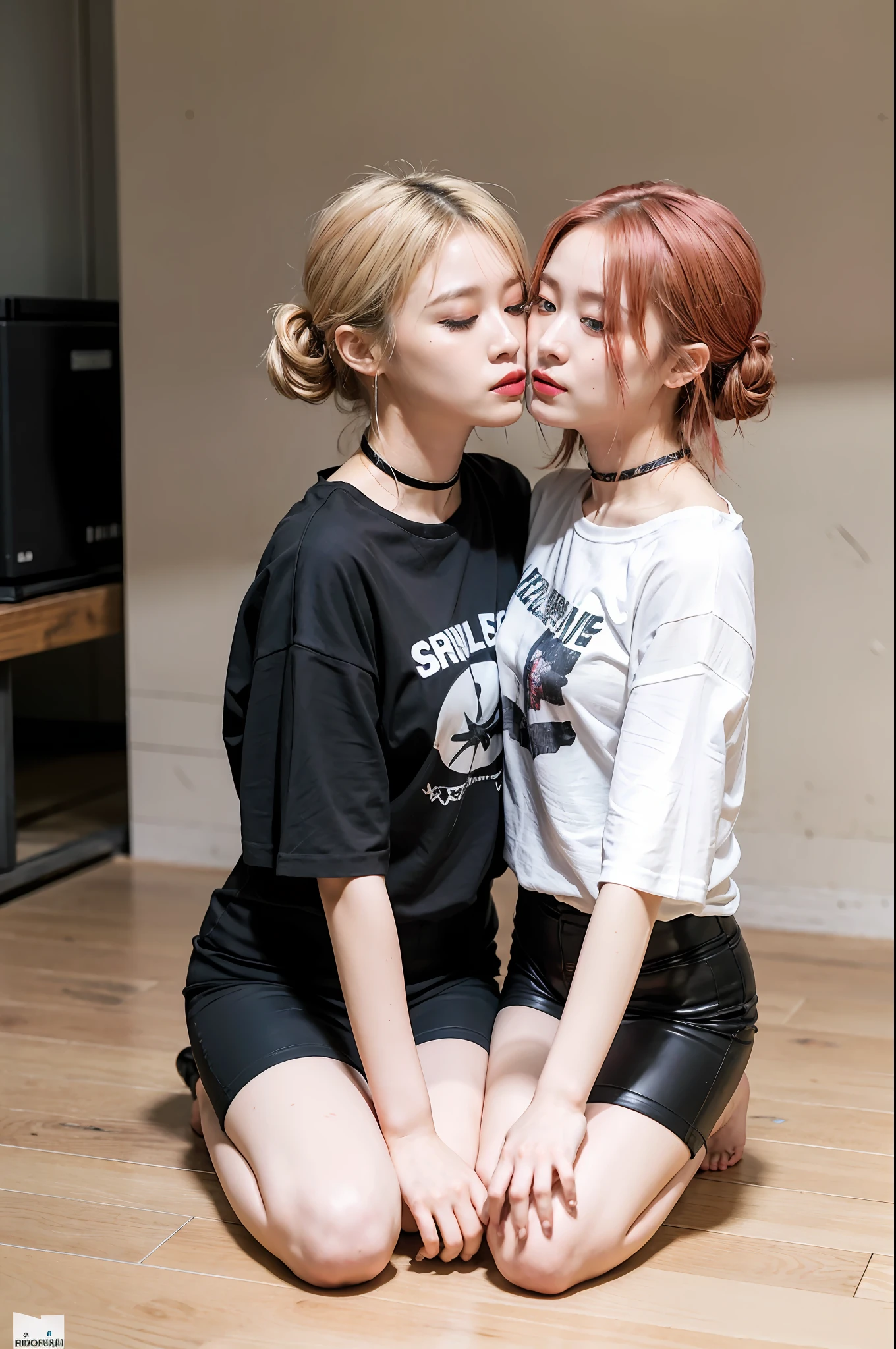 (8k:1.27), best quality, masterpiece, ultra highres:1.2), two kidnapped lesbian goth girls with arm tattoos kissing each other, tattooed girls, full body picture, old white rock band oversized knotted t-shirt, big t-shirt, short big sleeves, black short sport pants tied with a rope, wearing dirty old goth clothes, dyed yellow blonde hair, short blonde bob hairstyle shoulder length, blonde hair bangs, dyed bright red hair with red messy bun, one girl kneeling and one girl standing in a dirty room, handcuffed, one girl with hands tied with rope behind body, submissive neck choker and leash in neck, 4k or 8k picture, looking at the floor down very sad, very sad face, paisley bandana pirate style headscarf, smelly, barefoot, rope hanging from ceiling, one girl dominating the other one by pulling her to a wall