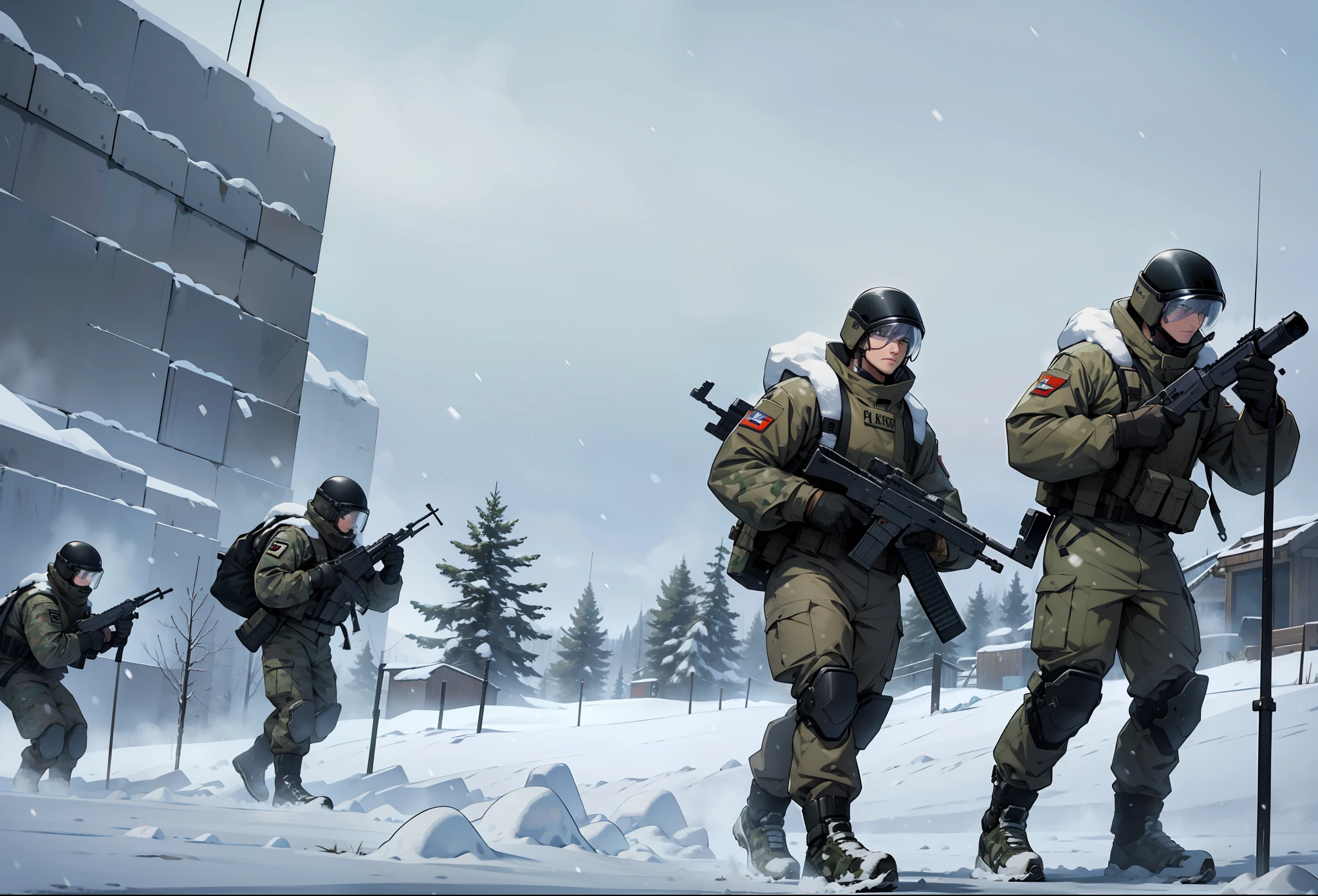 Soldiers in camouflage uniforms standing in front of a pile of sandbags, snow camouflage, snow army war, 8k)), only snow in the background, futuristic sci-fi army infantry, exoskeletons, cyborgs, soldiers, heavy snow, very clear picture, partially looking to the left, troops searching the area, high snow, close view --auto --s2