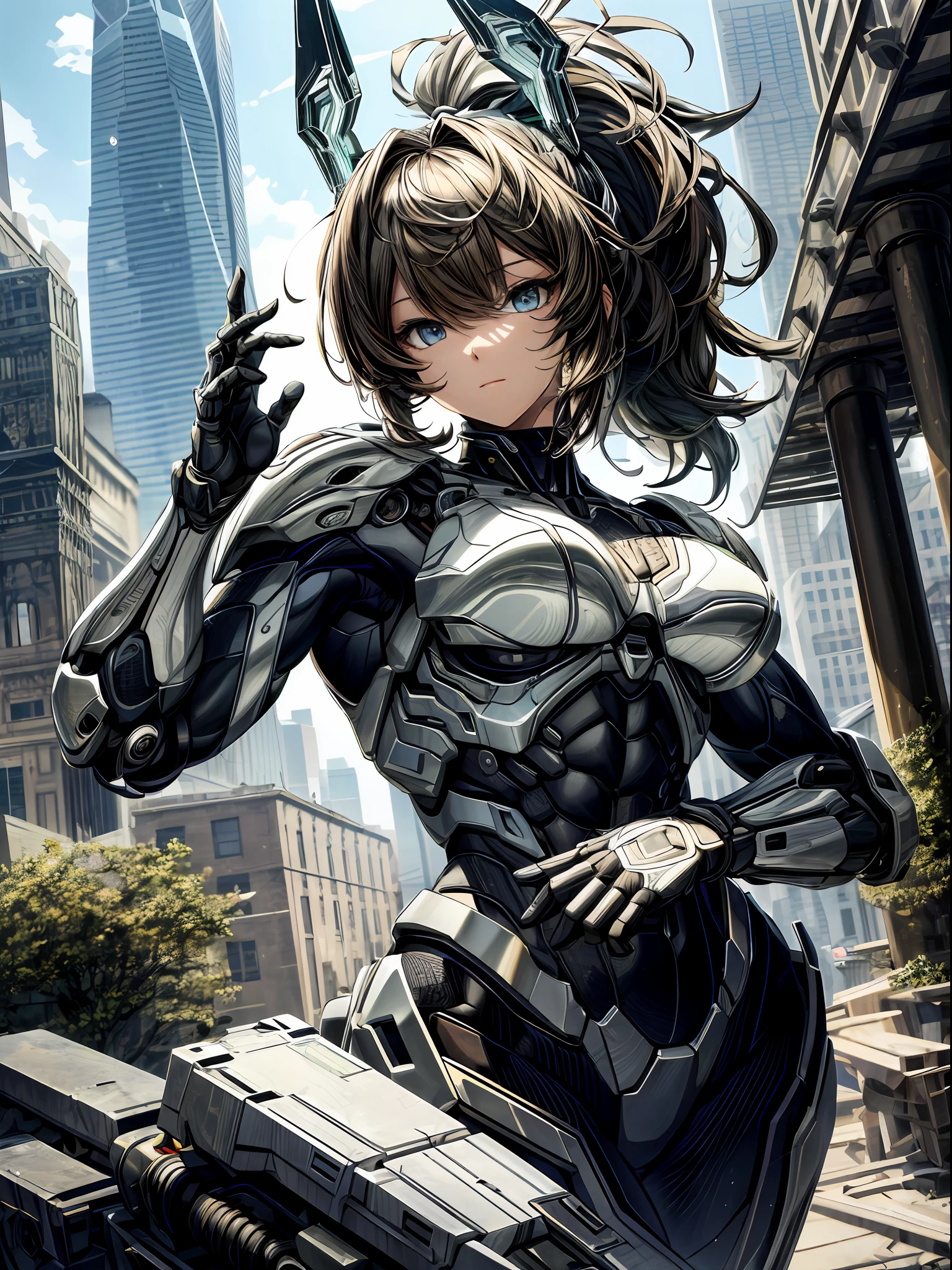 (best lighting) , (super-complex details) , 4K unified, (super-detailed CG: 1.2) , (8K: 1.2),(original), (masterpiece) , (best quality),(Masterpiece:1.4),Anime-ish high quality,(masterpiece),masterpiece, solo, best quality, absurdres,((Masterpeace, 4k, 8k, highres)),((masterpiece:1.4, best quality:1.2)),Masterpiece, (((masterpiece))), (((best quality))),1 girl, girl, hair bow, curious, masterpiece, highres, scenery, bodysuit, headgear, halo, illustration, fortified suit, volumetric lighting, mecha, dynamic angle, depth of field, bangs, looking at viewer, ponytail, cityscape, detailed eyes, 4k official wallpaper, detailed 8k wallpaper, high angle, ((intricate human fingers)), detailed shading, colorful, upper body, full armor,