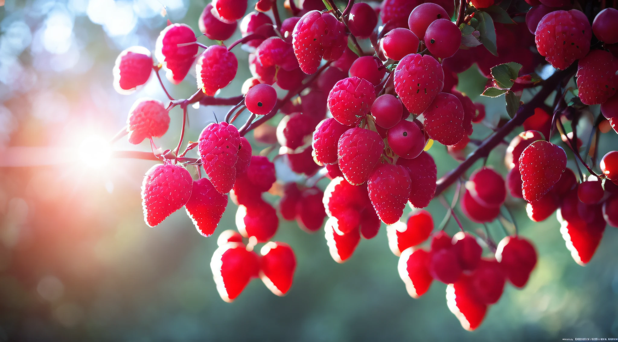 red fruits, black tree red leaves, rays of light descending from the sky, masterpiece, high quality, high quality, highly detailed CG unit 8k wallpaper, award-winning photos, bokeh, depth of field, HDR, bloom, chromatic aberration, realistic, very detailed, trend in artstation, trend in CGsociety, complex, high detail, dramatic, art in the middle of the journey, volumetric lighting