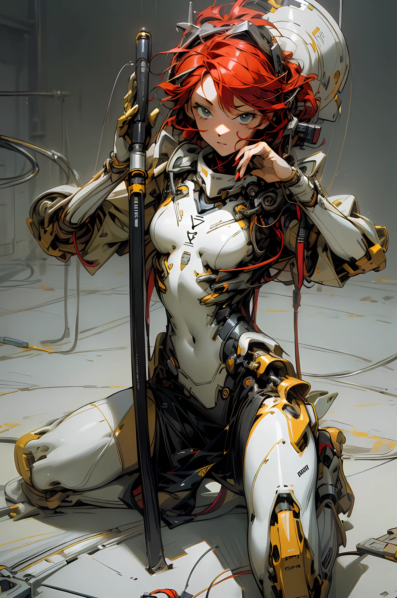 (masterpiece, top quality, best quality, official art, beautiful and aesthetic:1.2), (1girl:1.3), extreme detailed,colorful,highest detailed ((ultra-detailed)), (highly detailed CG illustration), ((an extremely delicate and beautiful)),looking at viewers, red hair, cinematic light,1girl,solo,full body,(mechanical vertebra attaching to back),((mechanical cervial attaching to neck)),(sitting),expressionless,(wires and cables attaching to neck:1.2),(wires and cables on head:1.2)(character focus),science fiction,white background,