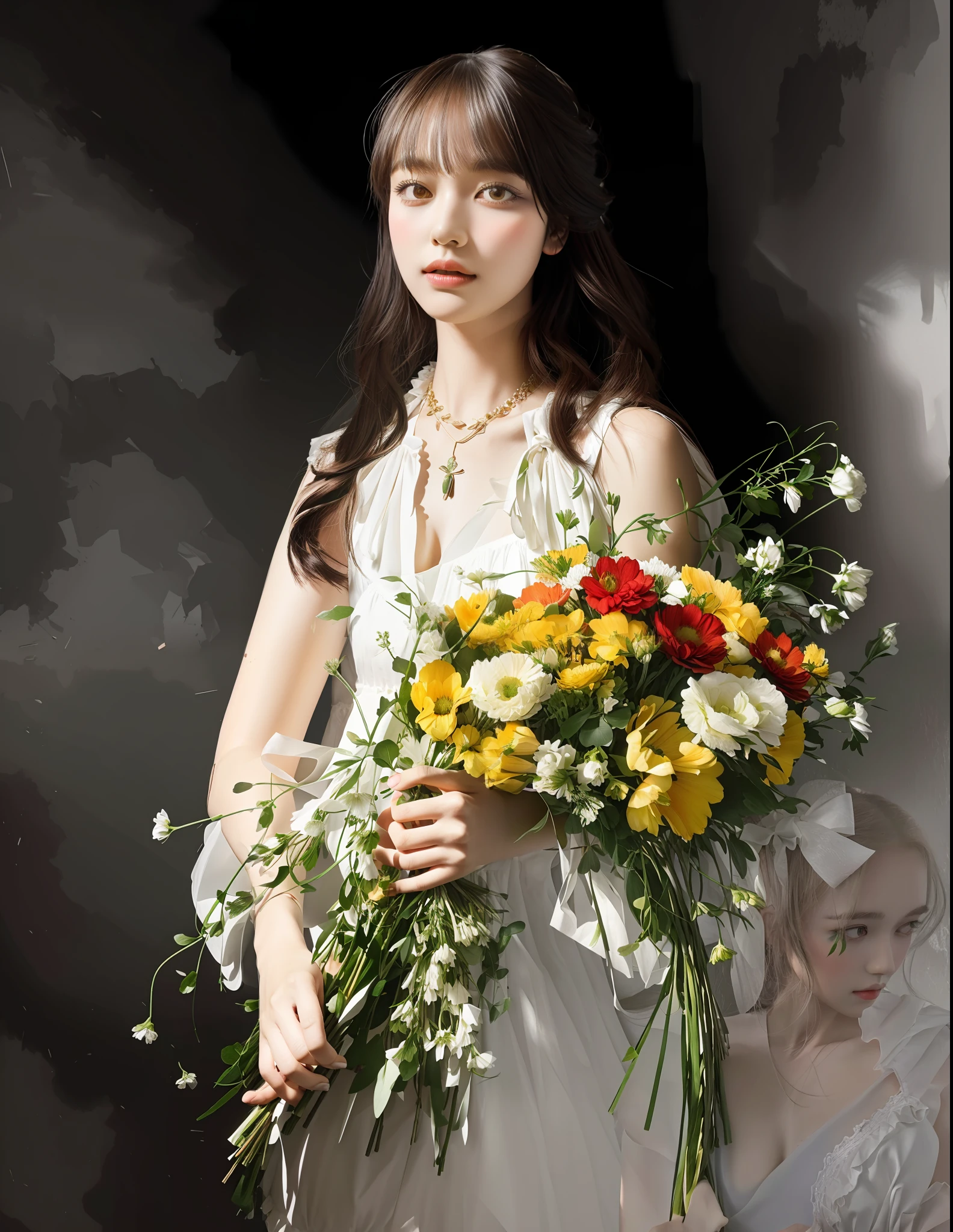 Draw a girl holding a bouquet of flowers in her hand, melon seed face, bangs, white dress, extreme detail, edge lighting, black background, best quality, highly detailed, masterpiece, ultra-detailed, illustration