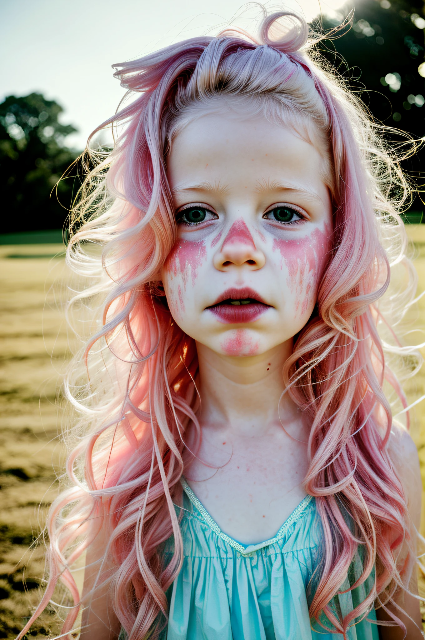 irish albino girls, texas, carnival, surreal, emotive,cottoncandy, sunlit cottoncandy wild messy windy hair glistening, americana, closeup, drenched in sunlight and shadows pattern, morning dew, haze, nostalgia, style of sally mann in color