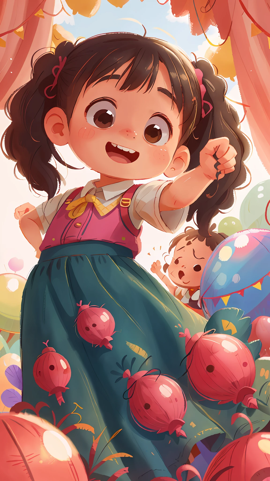 A little girl, dancing, many balloons, happy, happy, perfect quality, long skirt, clear focus (clutter - home: 0.8), (masterpiece: 1.2) (realistic: 1.2) (bokeh) (best quality) (detailed skin: 1.3) (intricate details) (8K) (detail eyes) (sharp focus), (happy)， playing with a little boy