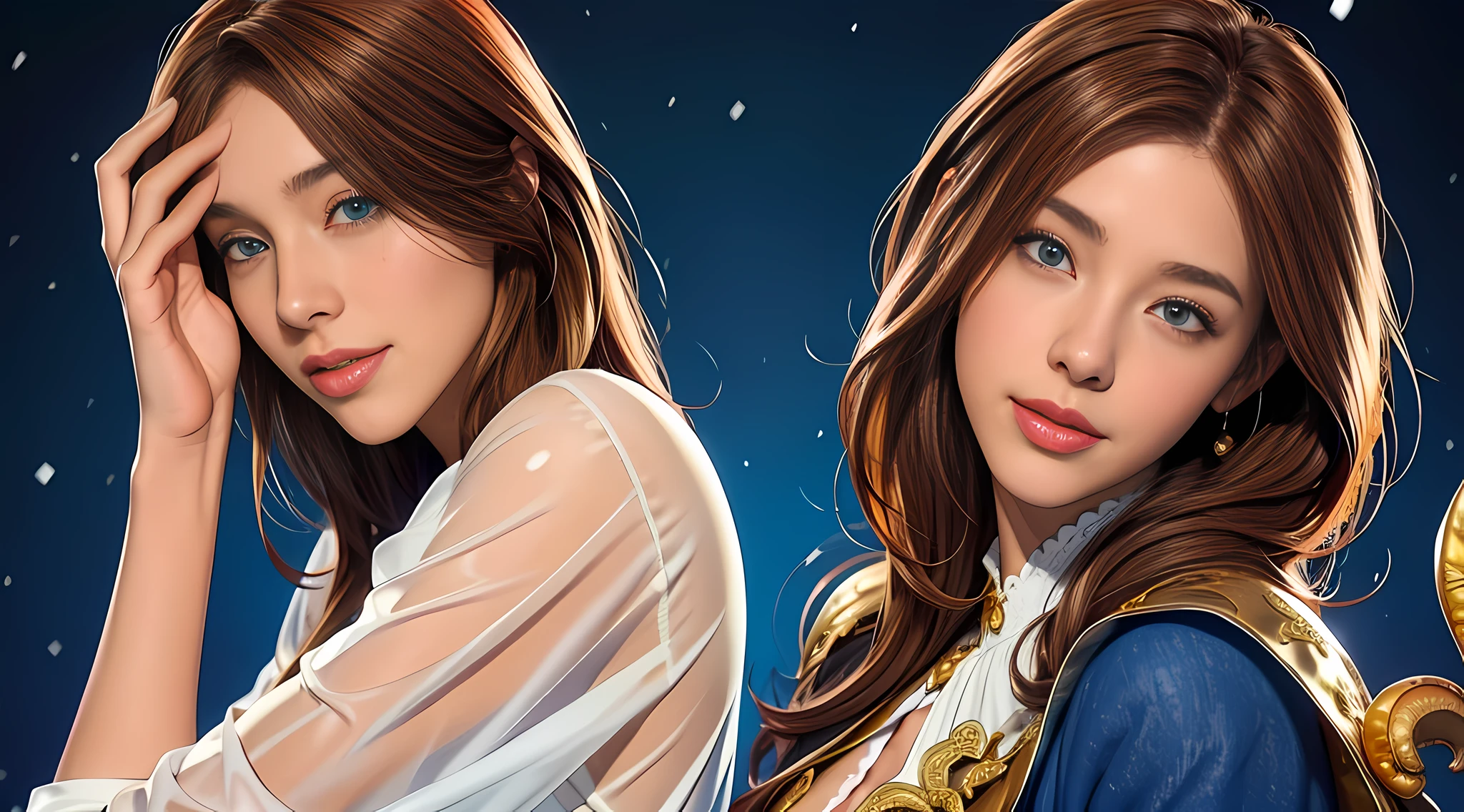 Daughter (Masterpiece:1.4), (8k, Realistic, RAW Photos, Best Quality: 1.4), Japanese, (1 Girl), Beautiful Face, (Realistic Face:1.4), (Caramel Hair, Long Hair:1.3), Beautiful Hairstyle, Realistic Blue Eyes, Beautiful Detailed Eyes, (Realistic Skin:1.3), Beautiful Skin, Attractive, Ultra High Resolution, Ultra Realistic, Highly Detailed, Golden Ratio, (Detailed Face: 1.4), Looking at the Audience, White Shirt, Medium Tits, Pose with stroking chest, transparent shirt, (torn clothes: 1.5), (no underwear: 1.4), perky_nipples, short jeans, shorts, cute smile, red lips, (golden ratio fingers: 1.5), (illustration background, CGI, movie, futuristic, mountain, snow, thick thighs, robust, gothic, gold trim, cthulhu, octopus, official art, transparent cloak,, transparent robe