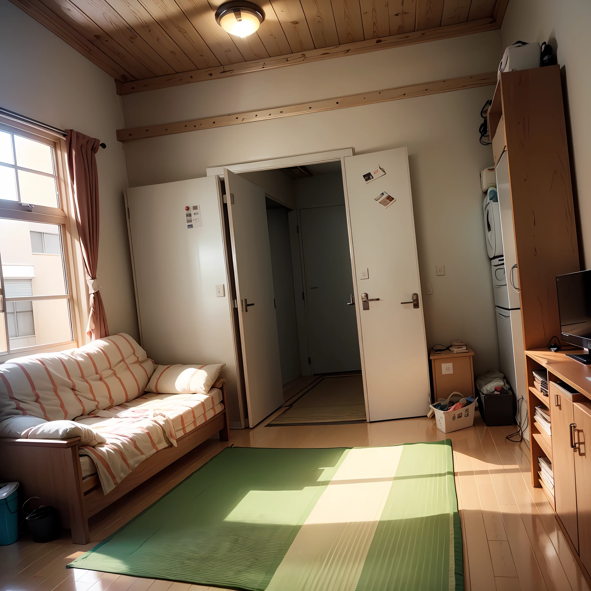 Male living alone, unattended, indoor apartment, straight ahead, tatami mat, futon , front, super low angle --auto --s2