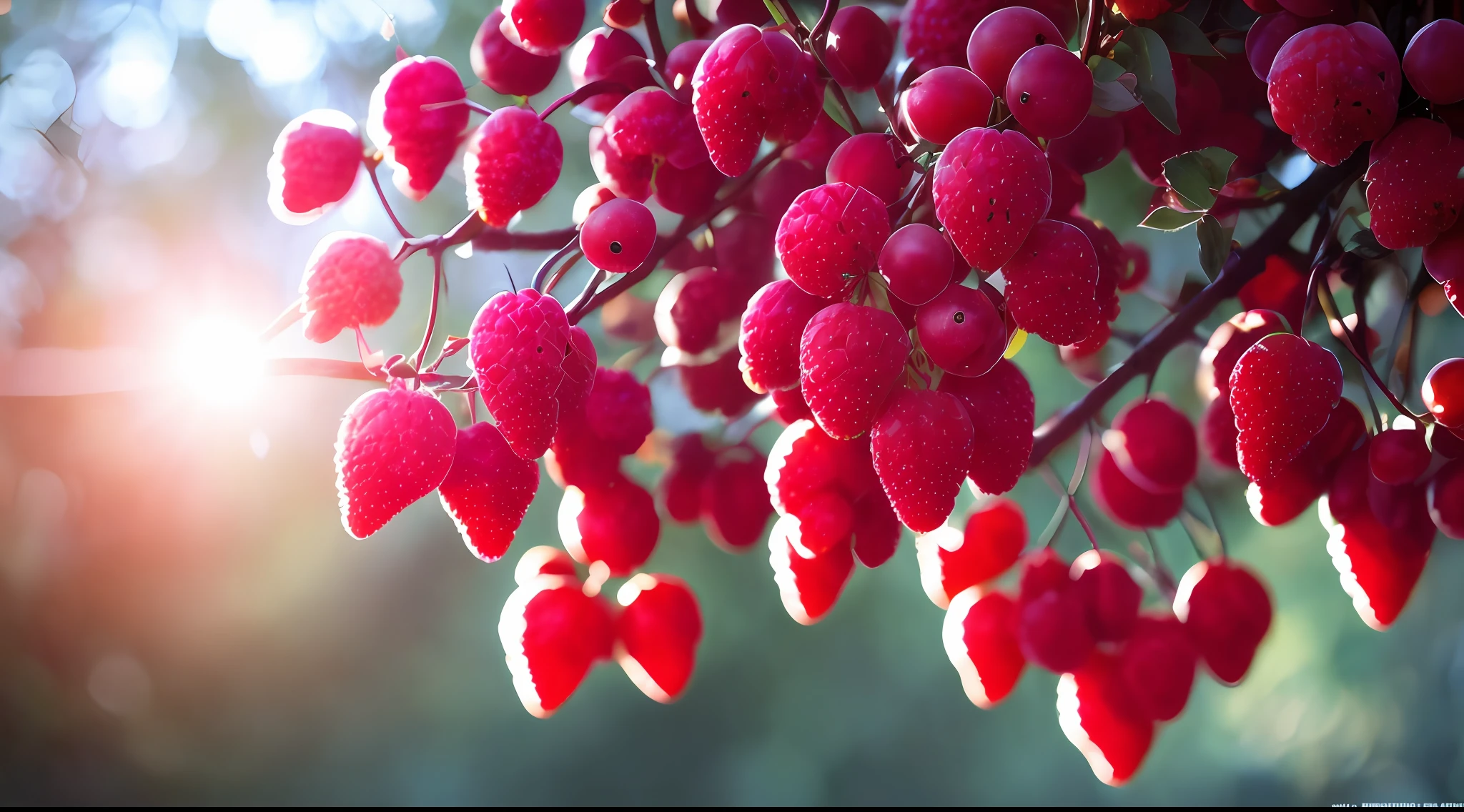 red fruits, black tree red leaves, rays of light descending from the sky, masterpiece, high quality, high quality, highly detailed CG unit 8k wallpaper, award-winning photos, bokeh, depth of field, HDR, bloom, chromatic aberration, realistic, very detailed, trend in artstation, trend in CGsociety, complex, high detail, dramatic, art in the middle of the journey, volumetric lighting