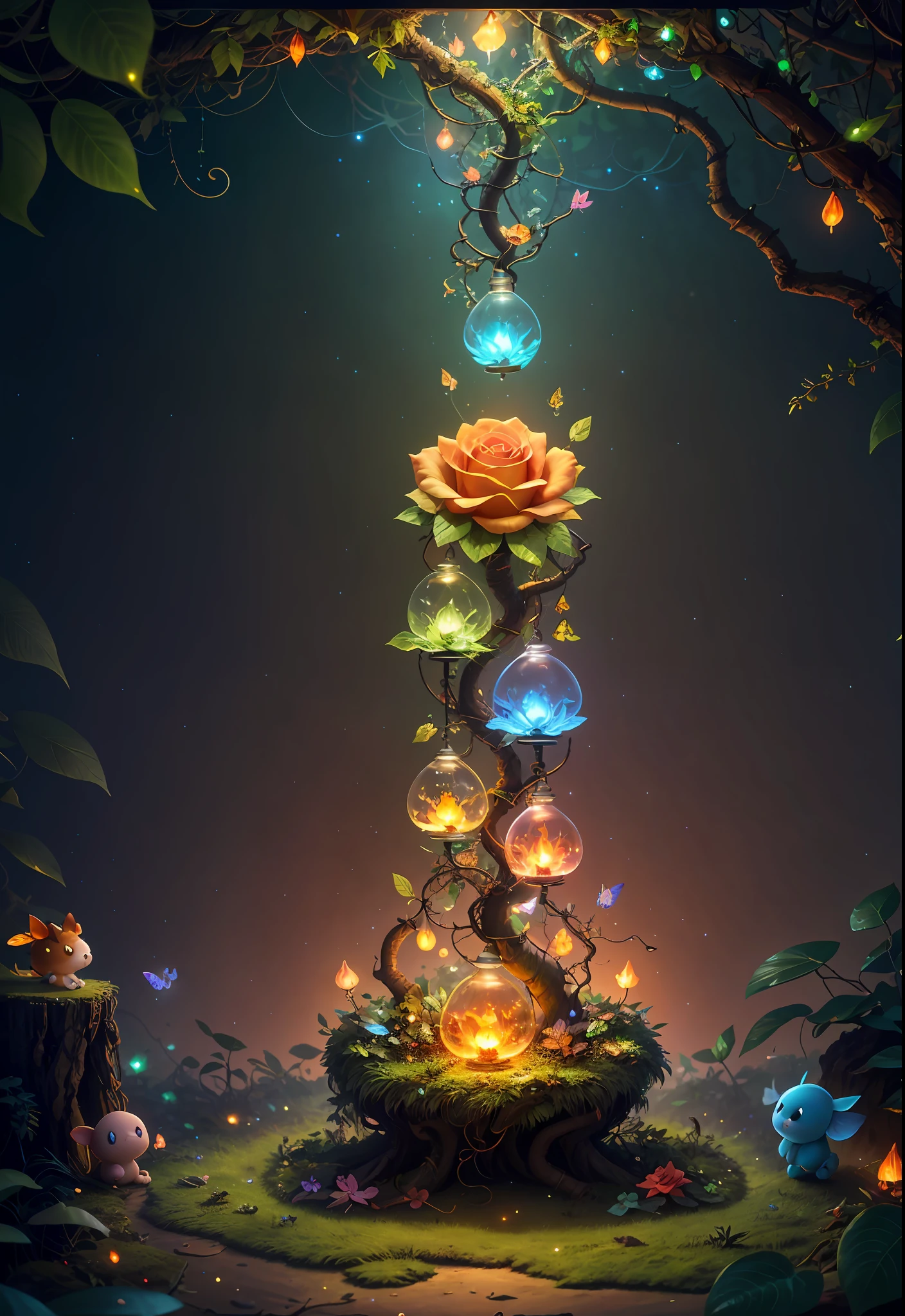 Fantasy in a glass, "ethereal roses, cute animals, glowing little mushrooms surrounded by delicate leaves and branches, and fireflies and glowing particle effects", (natural elements), (jungle theme), (leaves), (branches), (fireflies), butterflies, (delicate leaves), (glow), (particle effects), super realistic, super detailed, dramatic lightning, 4k, masterpiece,