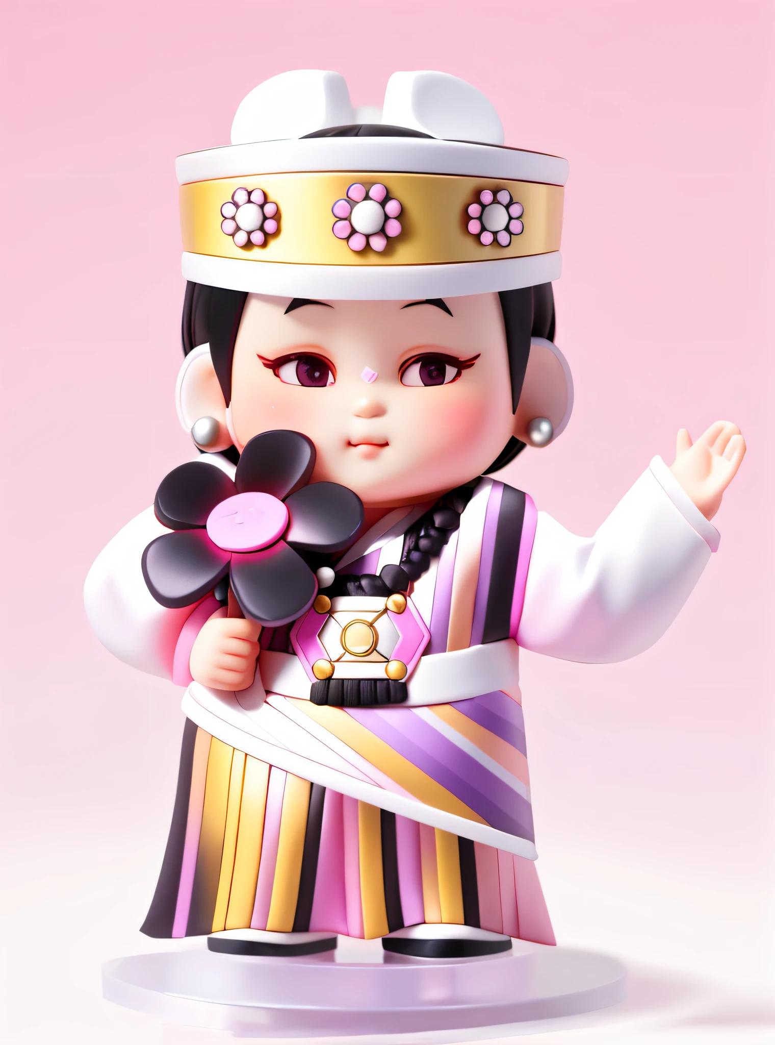 Blind box toy style, black hair cartoon girl in pink and dark purple Hanfu, holding a small white flower in one hand and pointing up with one hand, wearing a small ethnic hat with a yellow brim, black hat, a pair of round silver earrings on the ears, Chinese girl, ethnic girl, complex details, color follows the original picture, clean white background