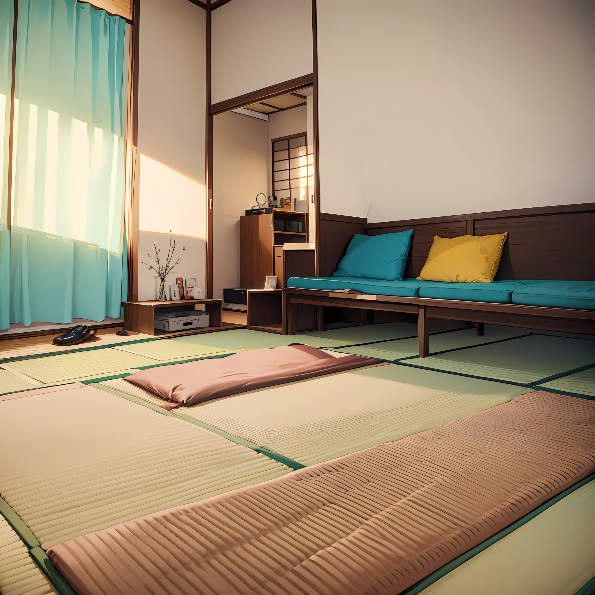 Male living alone, unattended, indoor apartment, straight ahead, tatami mat, futon , straight ahead, super low angle , no sofa, no accessories, no chair, no table --auto --s2