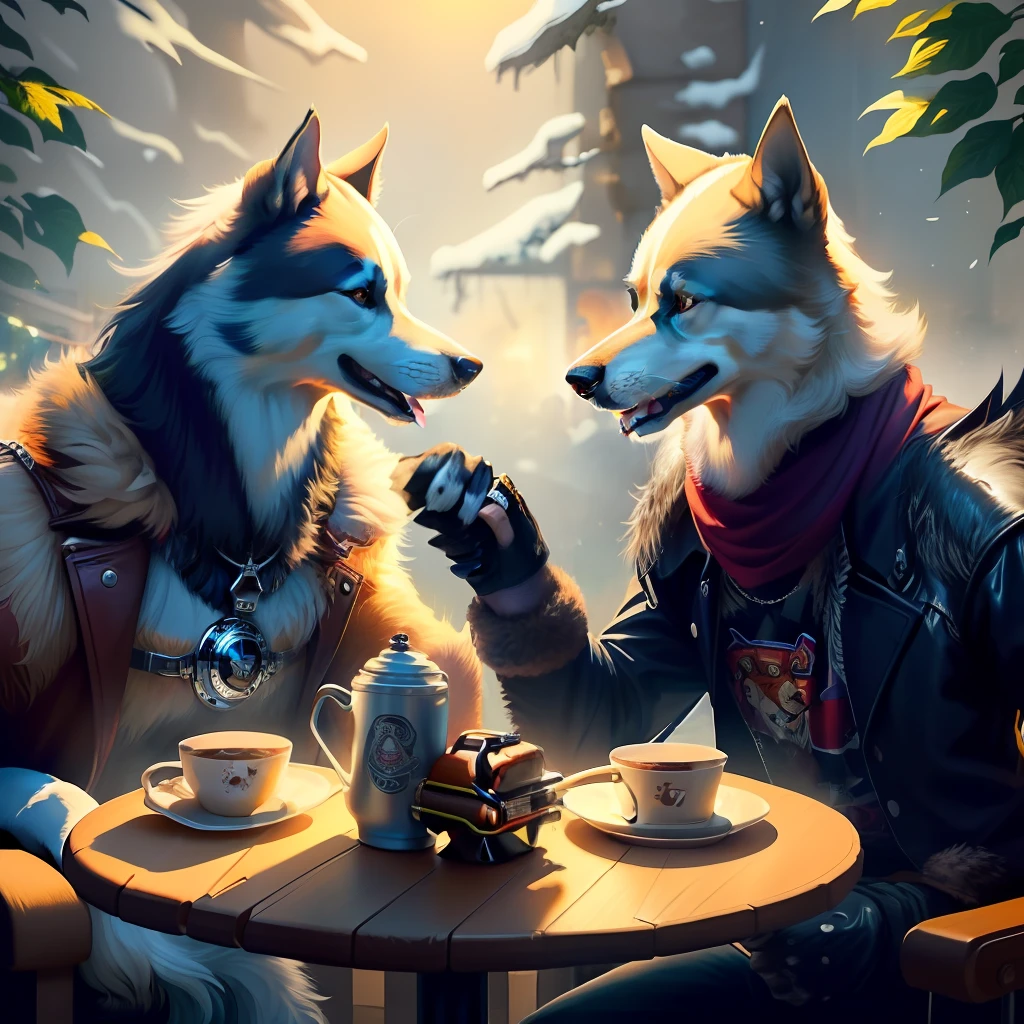 Dog, arm wrestling with another dog, rock vs classic, rock n roll, classic bethoven, bar, confusion, fun, good music