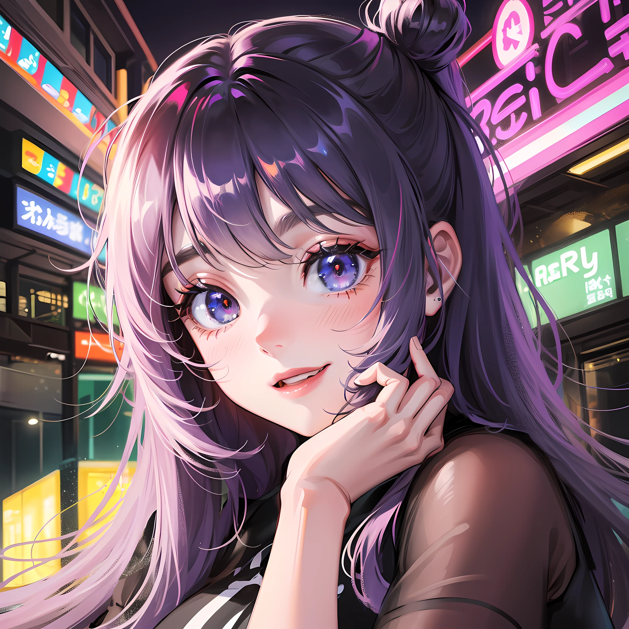 Smile, bar, close-up, hands on cheeks, big eyes, long hair, neon signs,