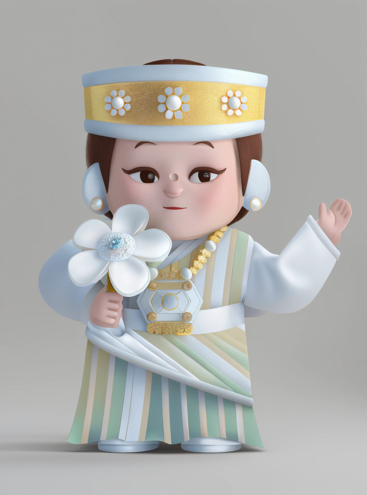 Cartoon characters woman in traditional costume holding white flowers, traditional Thai costume, Chinese costume, flower prince coronation, Han girl in Han costume, palace, Hanfu girl, meticulous details, white clean background