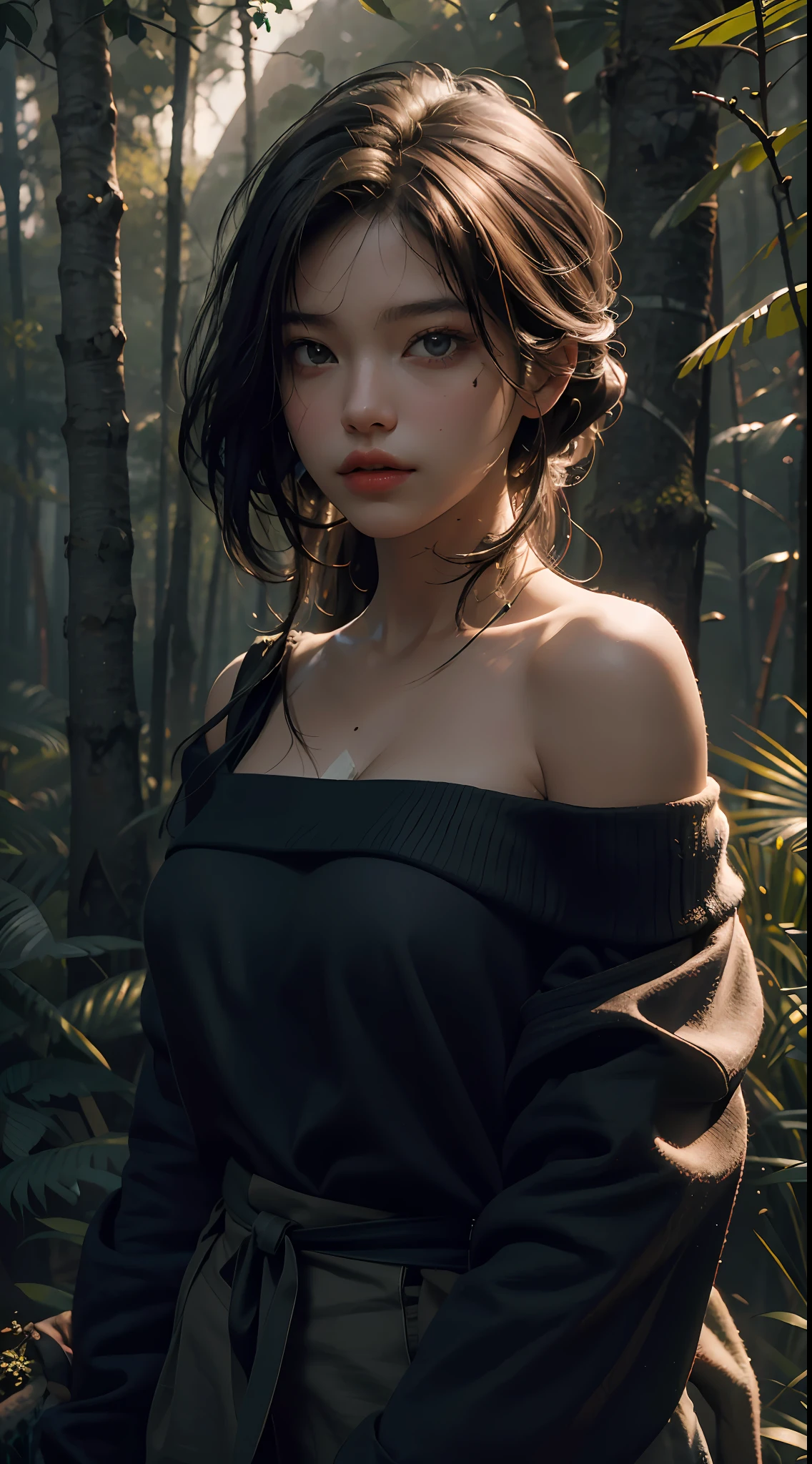 Best Quality, Masterpiece, Ultra High Resolution, (Photorealistic: 1.4), Original Photo, 1girl, Off-the-Shoulder, Cinematic Lighting, (Survival in the Wild: 1)