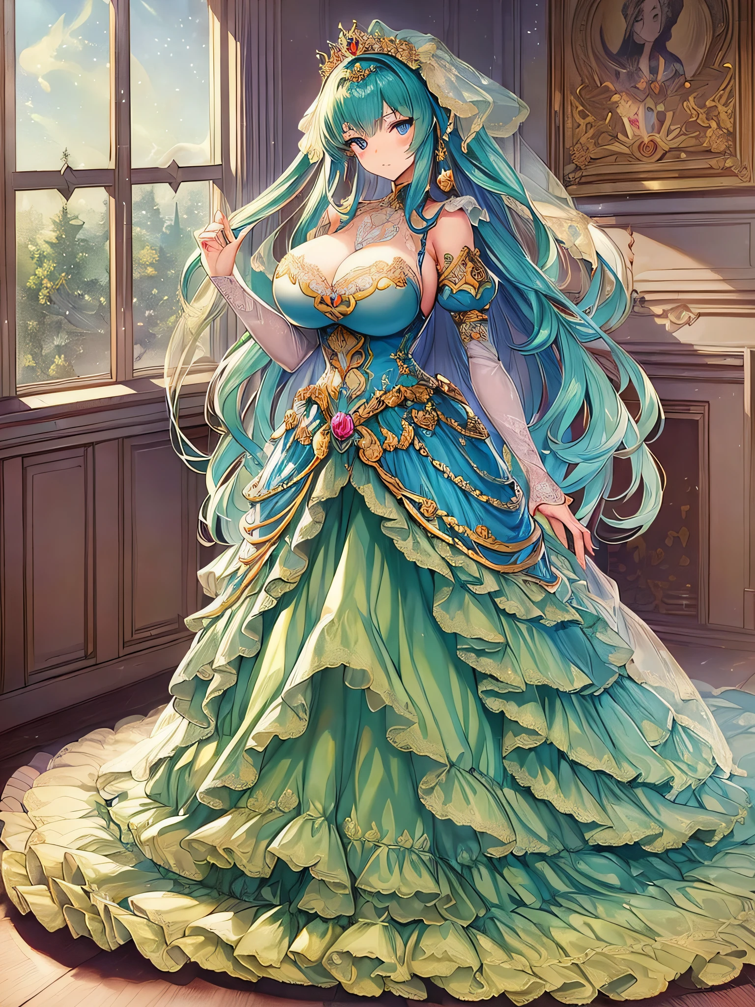 ((anime moe artstyle)),((Masterpiece)), (Best Quality), (Super Detail),Illustration,(((Very Delicate and Beautiful))),Dynamic Angle,Looking at viewer,(((Solo))),((Full body)),(((1 princess in gorgeous ball gown))),(Very Long Hair),gorgeous embroidery and lace,(gigantic breasts,Huge breasts,Bulging breasts,Long breasts),((voluminous gorgeous ball gown)),full length hoop skirt