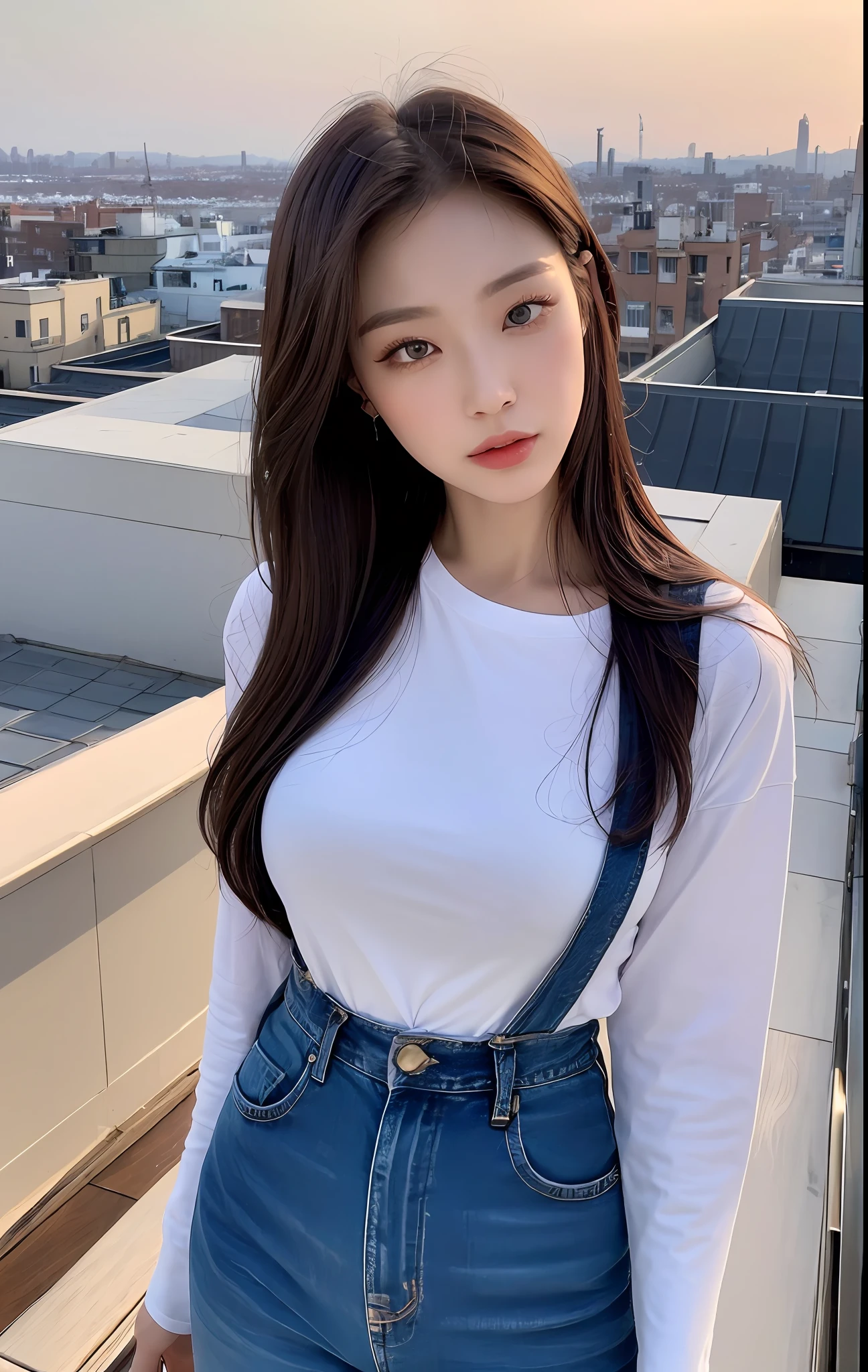 ((Midnight, Best quality, 8k, Masterpiece :1.3)), Whole body, Long legs, Sharp focus :1.2, A pretty woman with perfect figure :1.4, Slender abs :1.1, ((Dark brown hair, Big breasts :1.2)), (White tight tshirt, Jean bib, Standing:1.2), ((Night city view, Rooftop:1.3)), Highly detailed face and skin texture, Detailed eyes, Double eyelid