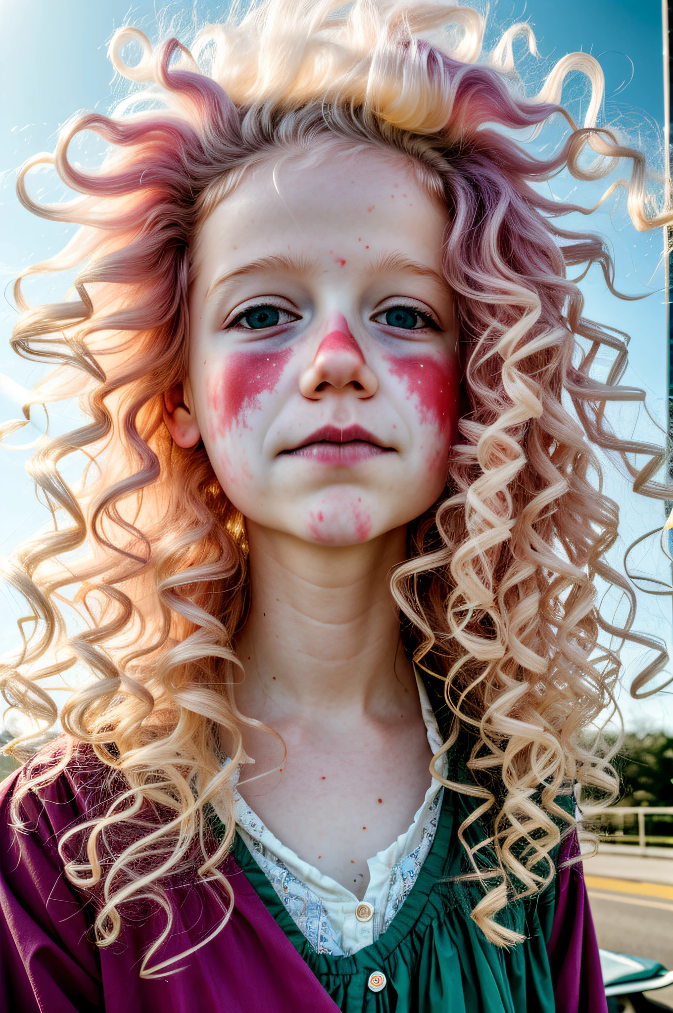 irish albino girls, carnival, ferris wheel, foggy, surreal, emotive,cottoncandy, sunlit cottoncandy wild messy windy hair glistening, americana, closeup, drenched in sunlight and shadows pattern, morning dew, haze, nostalgia, style of sally mann in color