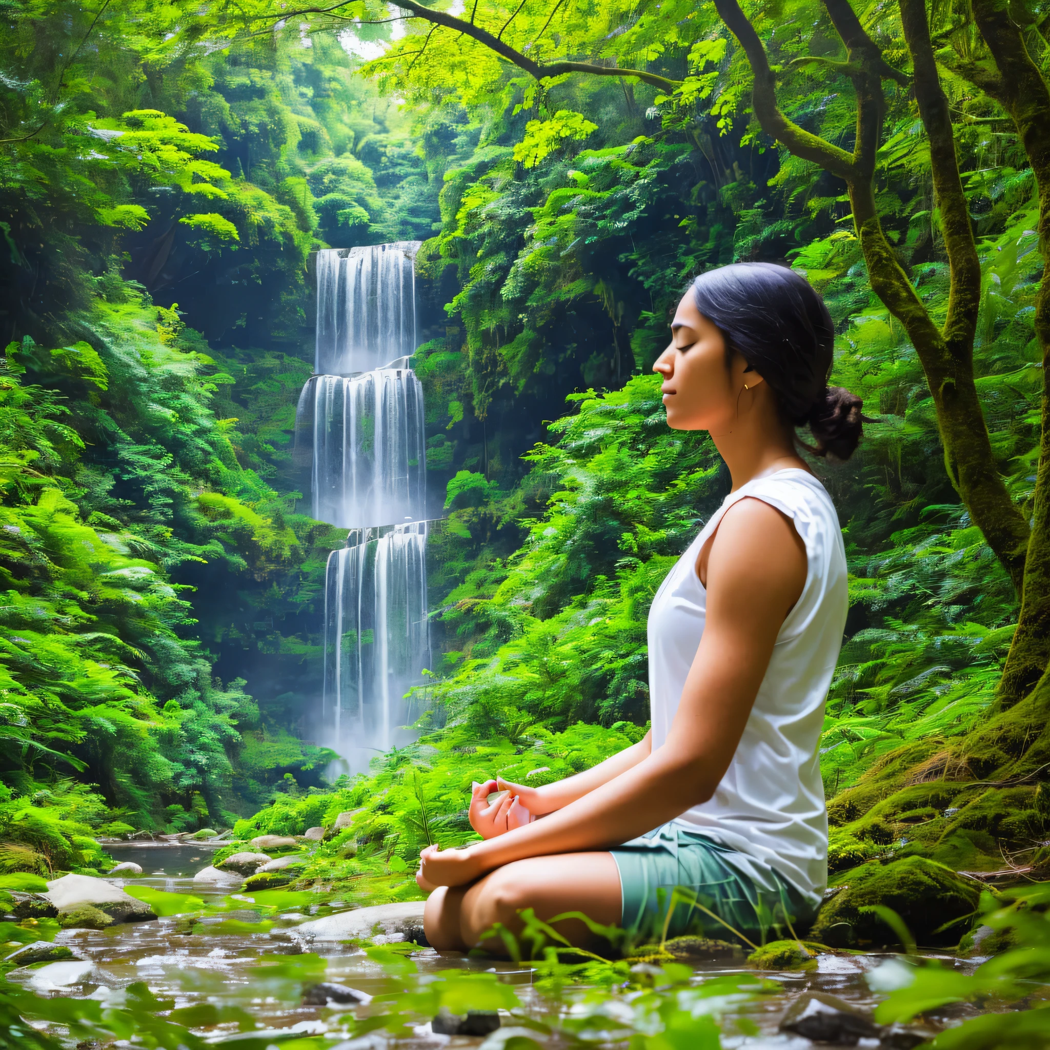 A person with serene expression practicing meditation in a quiet environment, surrounded by lush nature.