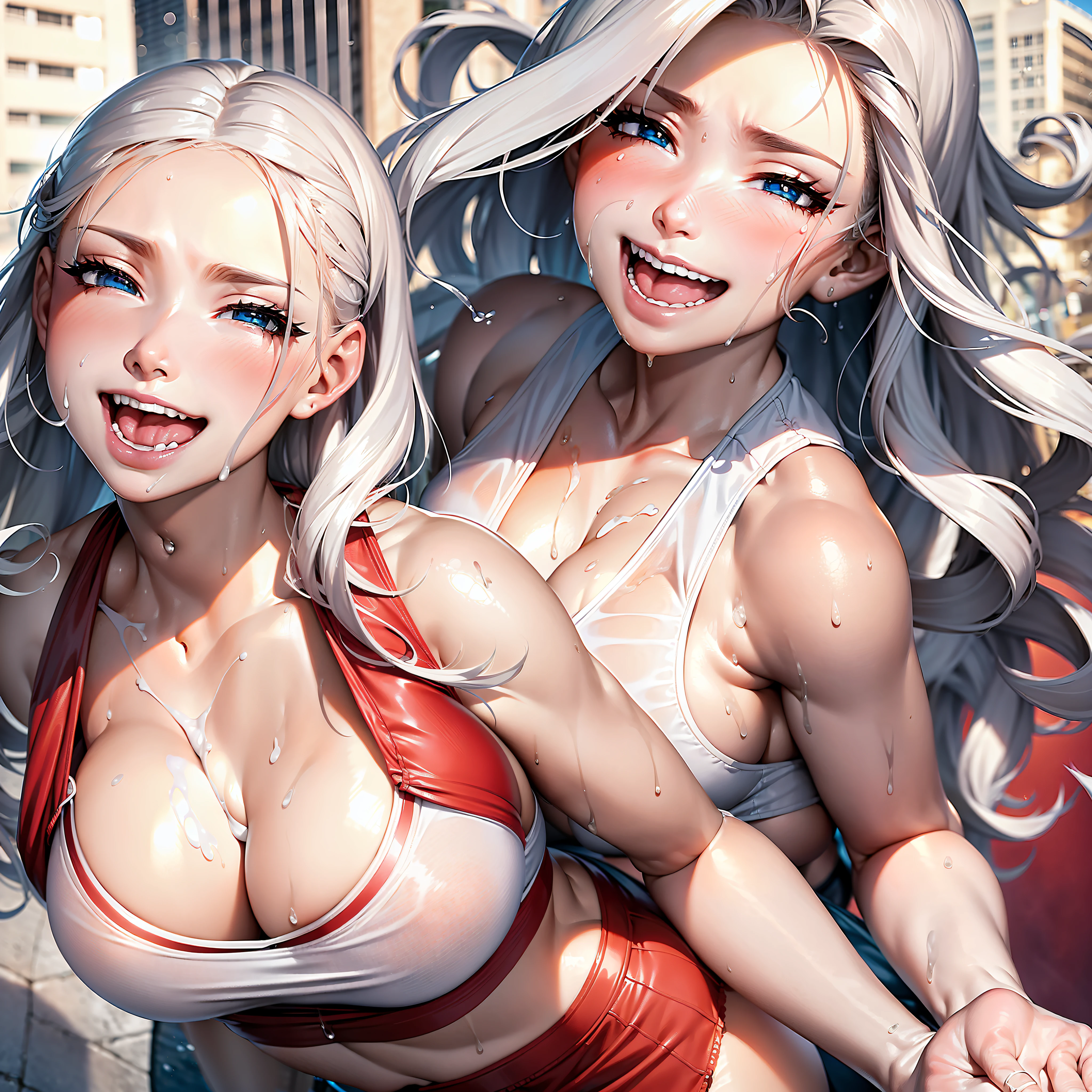 2 girls in the big city, girl1(wavy white hair, this one in a bikini, has a very large ass and large soft breasts.), Girl2(long red hair, a very large ass, this one in a bikini and mini skirt, medium sized and soft breasts.) Buildings, beautiful, cute, 8k, rain, girls are wet in the rain, wet clothes, sweat.