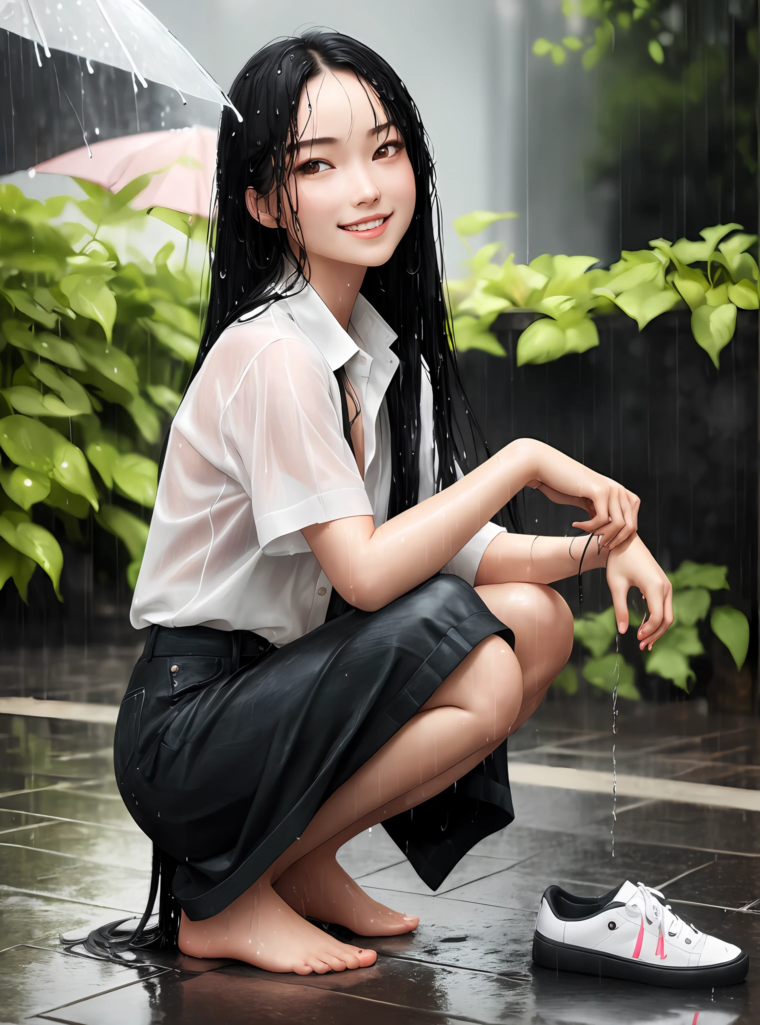 ((Best quality)), ((masterpiece)), ((ultra-detailed)), 1girl, rain, wet clothes, long black hair, highly detailed, night, neon, unbuttoned white shirt, barefoot, holding shoes in hands, sensual look, long legs, smile, quality: 4k