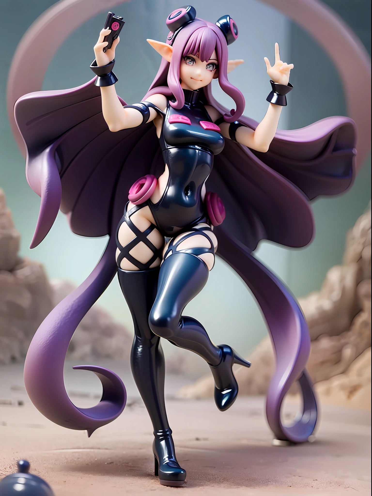 girl with octopus tentacles, short purple hair, beautiful emerald green eyes, closed mouth, exciting pose, smile, full body, unique costume with tentacles, looking forward, deep sea background, black and purple theme, playful and cheerful expression, black and purple costume with tentacles, lively design,
