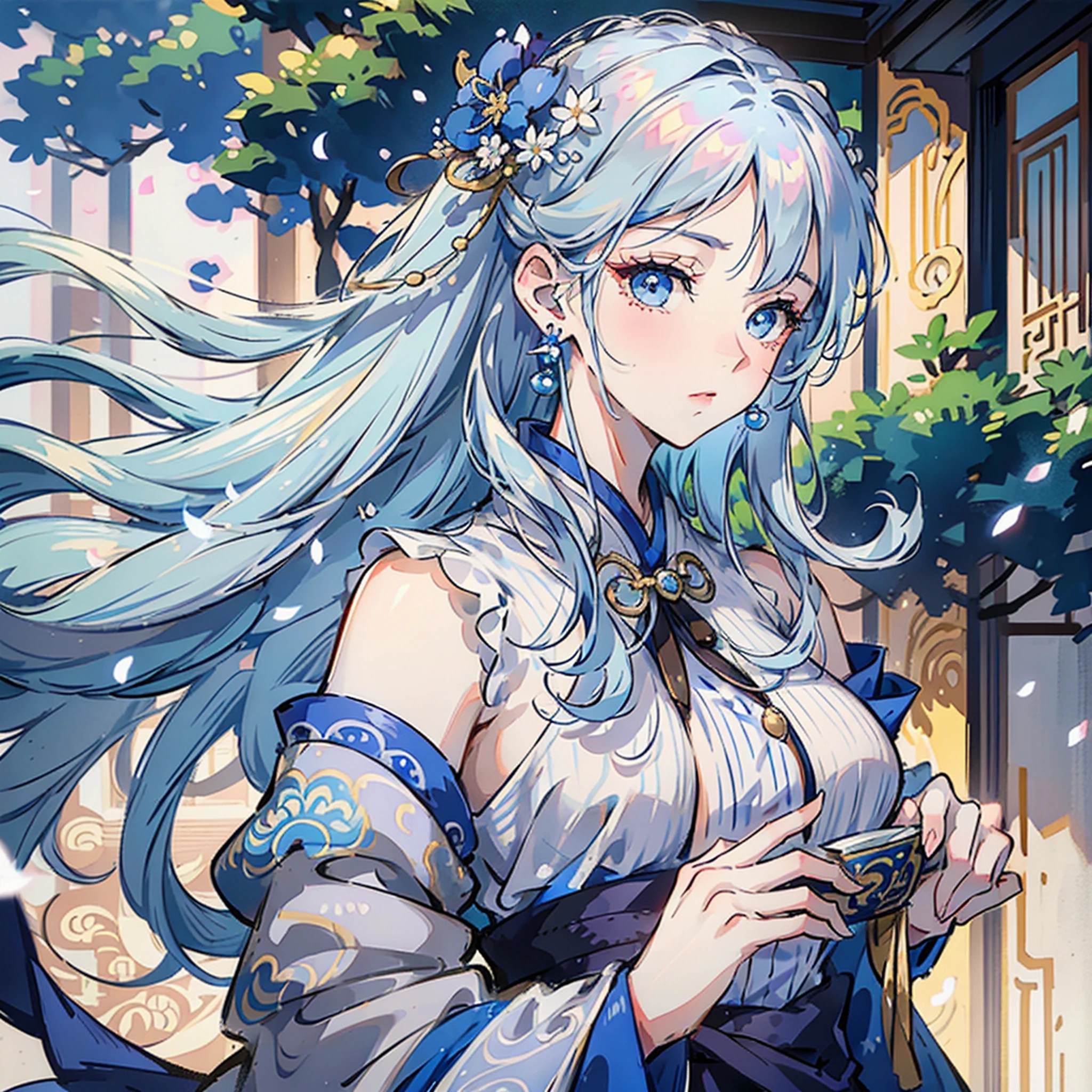 Mature girl, blue eyes, blue-white hair color, floating hair, delicate and flexible eyes, intricate damask hanfu, gorgeous accessories, wearing pearl earrings, masterpiece, ancient Chinese architecture, flower petals flying, front portrait lens, side light, sunlight on people, 8K