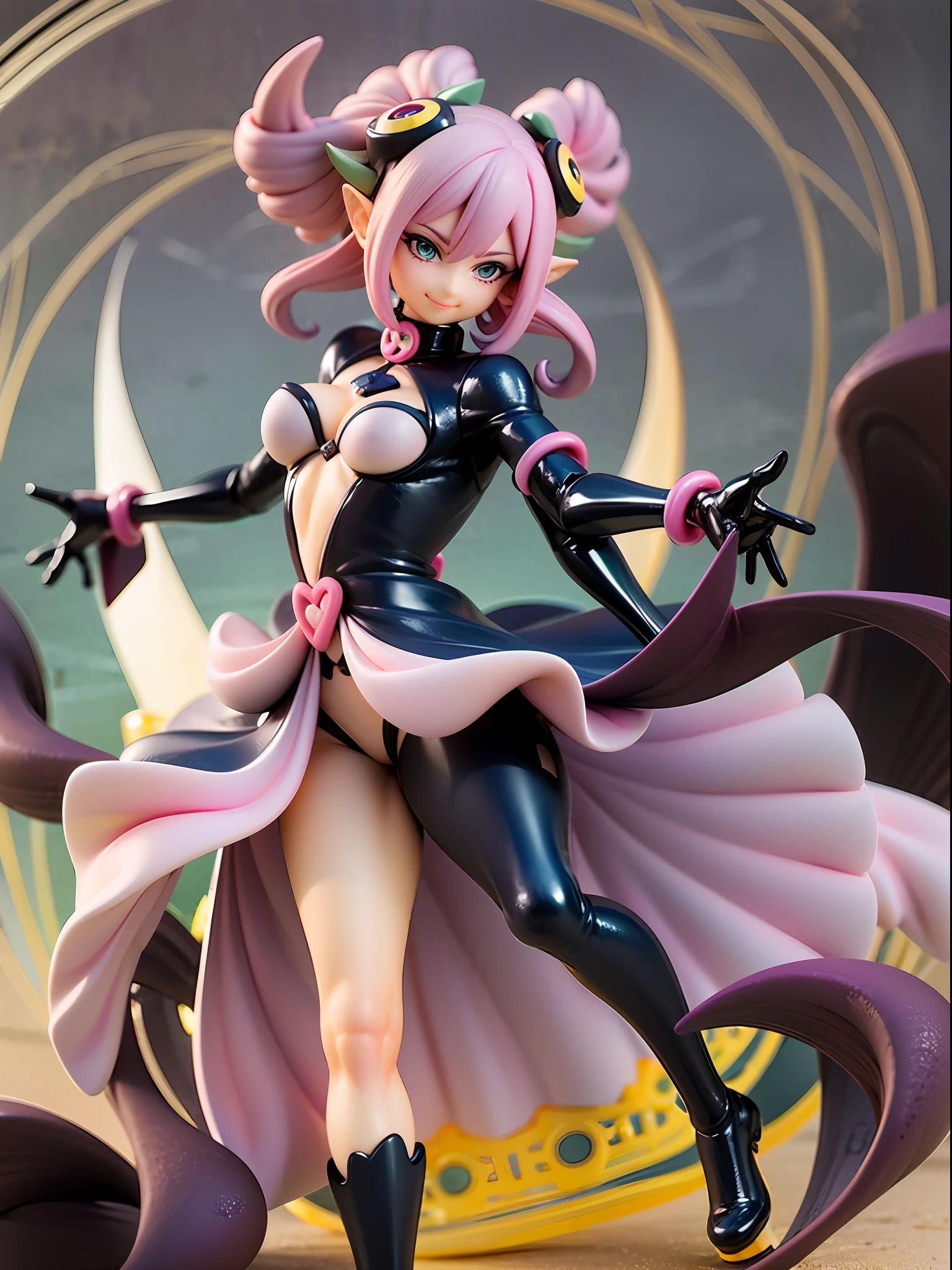 girl with octopus tentacles, short purple hair, beautiful emerald green eyes, closed mouth, exciting pose, smile, full body, unique costume with tentacles, looking forward, deep sea background, black and purple theme, playful and cheerful expression, black and purple costume with tentacles, lively design,