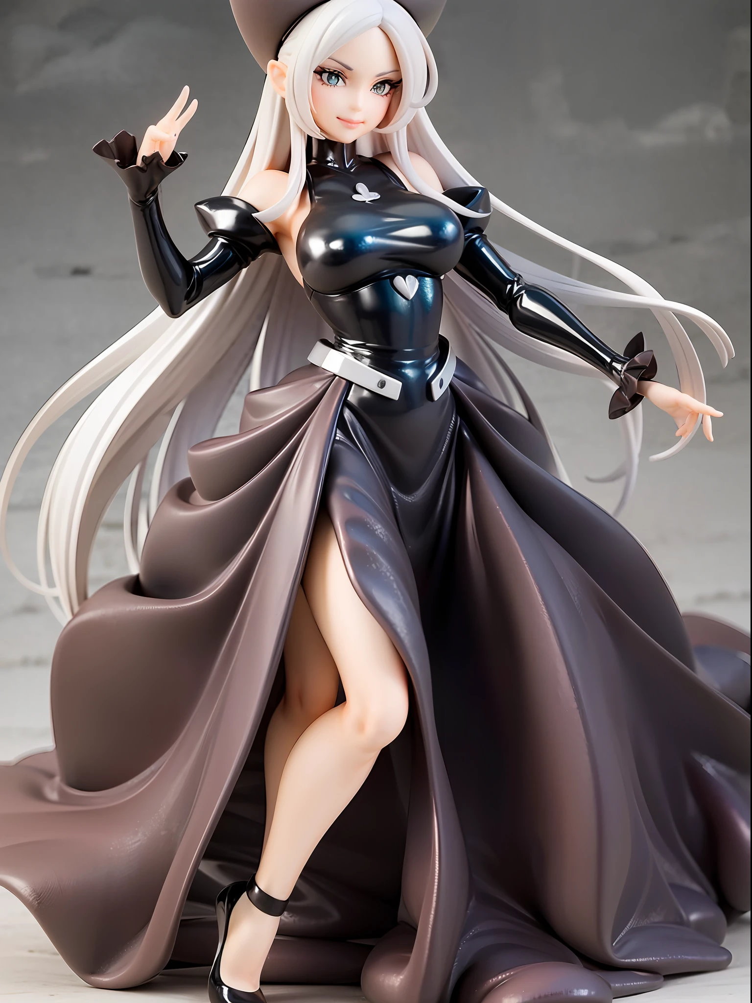Elegant and mature Cynthia from Pokemon, long grey hair, beautiful green eyes, closed mouth, elegant pose, smile, full body, dressed in her iconic black and white dress, looking forward, battle scene background, white and black theme, mature expression, the elegant costume of Cynthia, with her iconic hat.