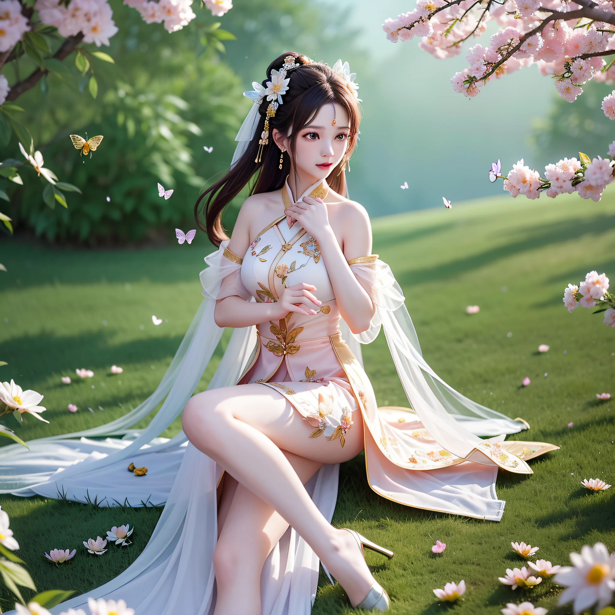 (Super detailed CG 8k wallpaper, top quality, super delicate), (dazzling painting style, transparent rendering, rich color, extreme gradient), (a beautiful woman in the city), (flowing long hair), (eyes like dreams, sniffing the rain and hating clouds), (containing delicate peach blossoms, hidden style clouds), (graceful, beautiful and moving, Yan lazy Yingying), (charming and moving, leading the life, butterflies follow the bees), (beautiful and delicate, flowers explain the wisdom, jade fragrance).
