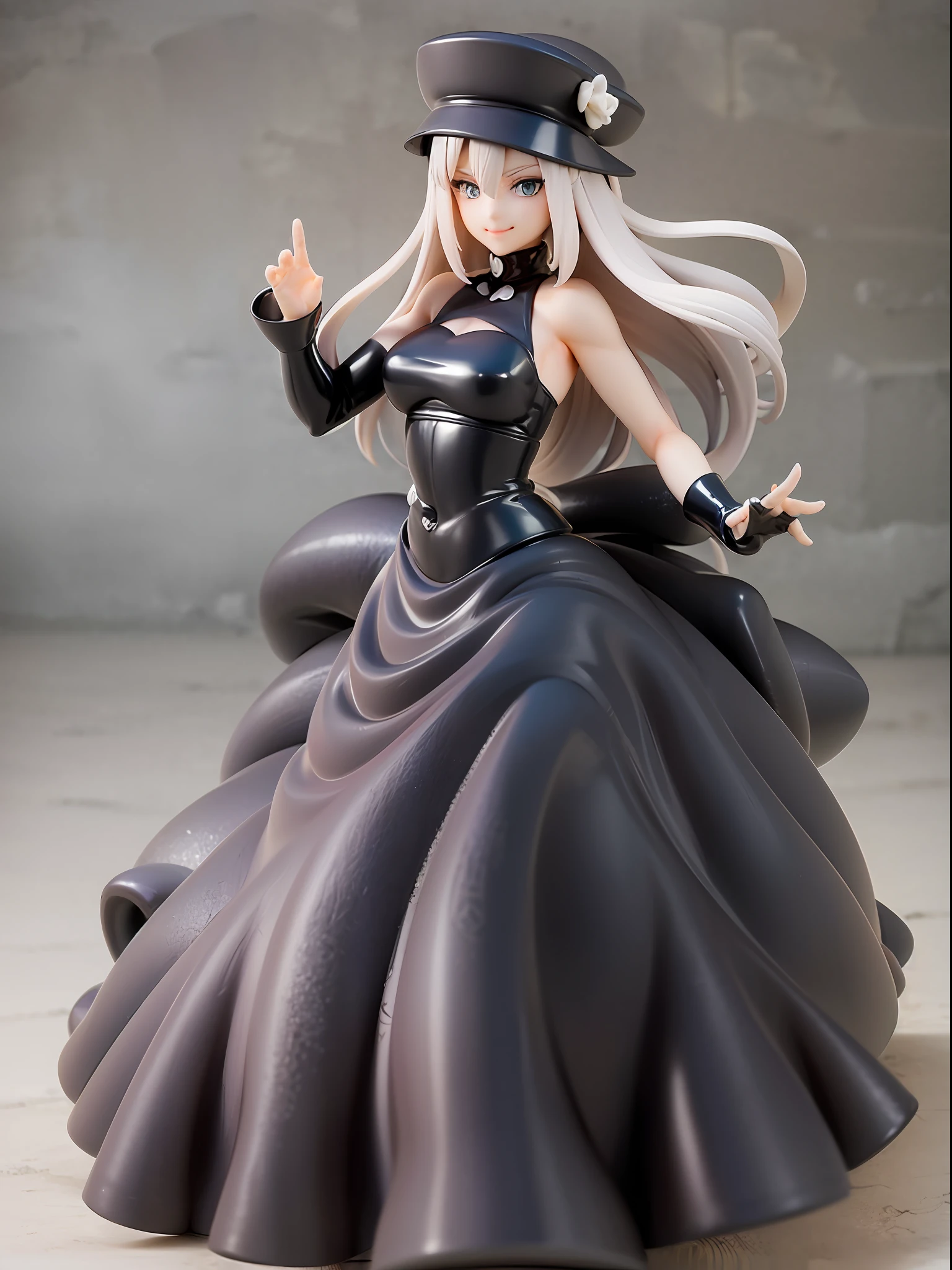 Elegant and mature Cynthia from Pokemon, long grey hair, beautiful green eyes, closed mouth, elegant pose, smile, full body, dressed in her iconic black and white dress, looking forward, battle scene background, white and black theme, mature expression, the elegant costume of Cynthia, with her iconic hat.
