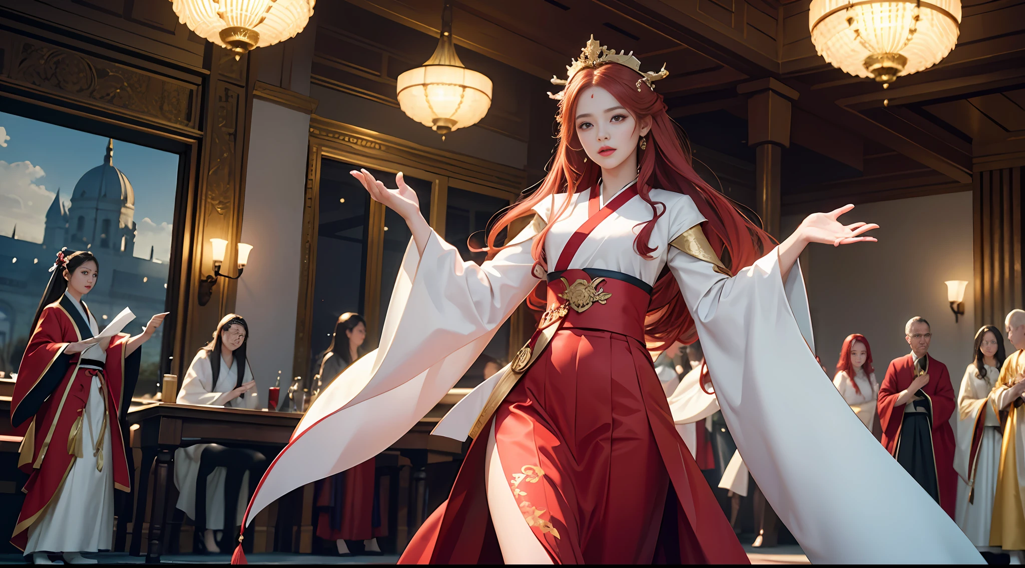 Superb Quality, Masterpiece, High Resolution, (Exquisite Body: 1.5), Stunning Beauty, (Milky Skin: 1.3), Exquisite Details, High Resolution, Wallpaper, 1 Woman, Solo, Dress, Hair Accessories, (((Red Skirt)) ), Money Spill, Paper Money, Long Hair, Red Hair, Shut Up, Accessories, Long Sleeves, Raised Hands, Wide Sleeves, Big Eyes, Flowing Hair, Hanfu, Hanfu, Embroidery, Long Dress, Gold in Hand, Walking Posture, Vault, Indoor, 16K, HDR, High Resolution, Depth of Field, (Film Grae: 1.1), Bocon, Primetime, (Lens Glow), Vignette, Rainbow, (Color Grading: 1.5)