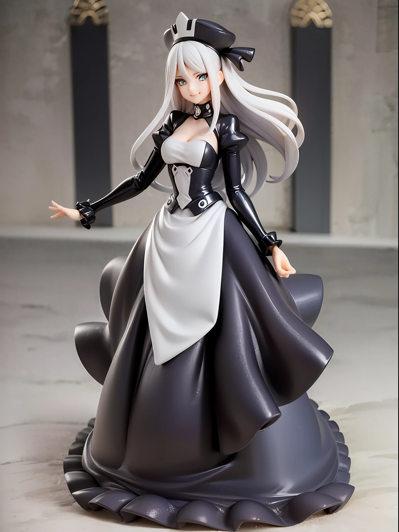 Elegant and mature Cynthia from Pokemon, long grey hair, beautiful green eyes, closed mouth, elegant pose, smile, full body, dressed in her iconic black and white dress, looking forward, battle scene background, white and black theme, mature expression, the elegant costume of Cynthia, with her iconic hat.