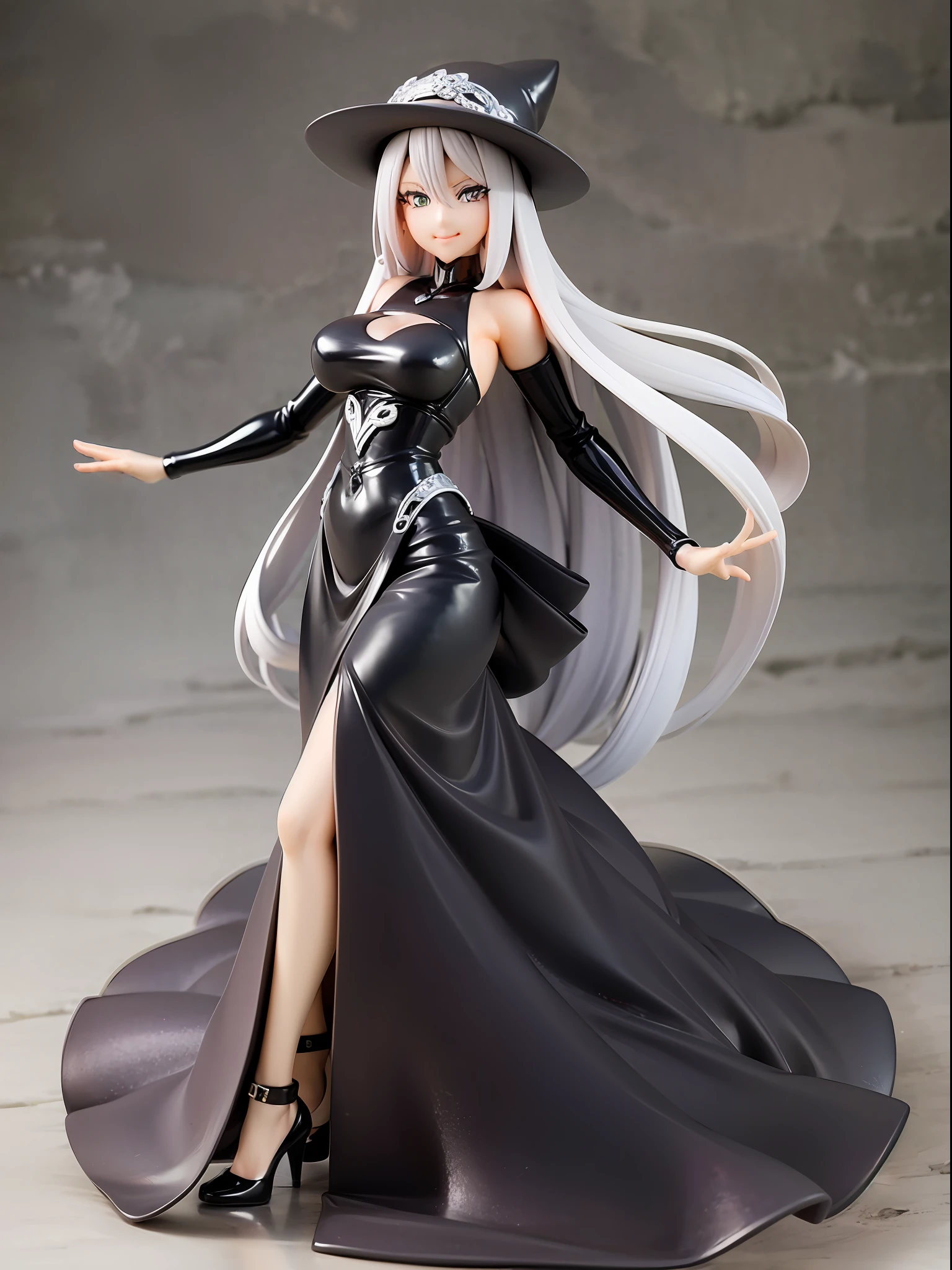 Elegant and mature Cynthia from Pokemon, long grey hair, beautiful green eyes, closed mouth, elegant pose, smile, full body, dressed in her iconic black and white dress, looking forward, battle scene background, white and black theme, mature expression, the elegant costume of Cynthia, with her iconic hat.