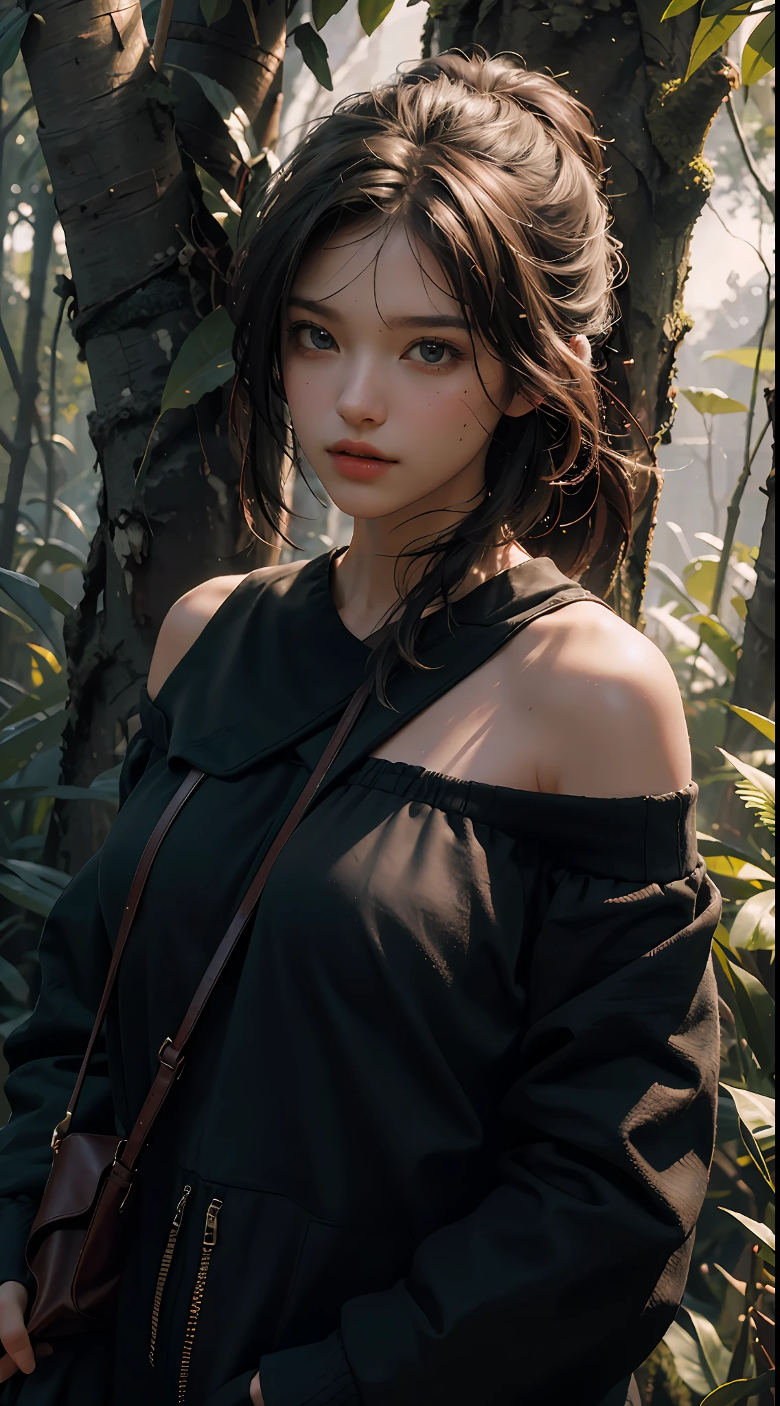 Best Quality, Masterpiece, Ultra High Resolution, (Photorealistic: 1.4), Original Photo, 1girl, Off-the-Shoulder, Cinematic Lighting, (Survival in the Wild: 1)