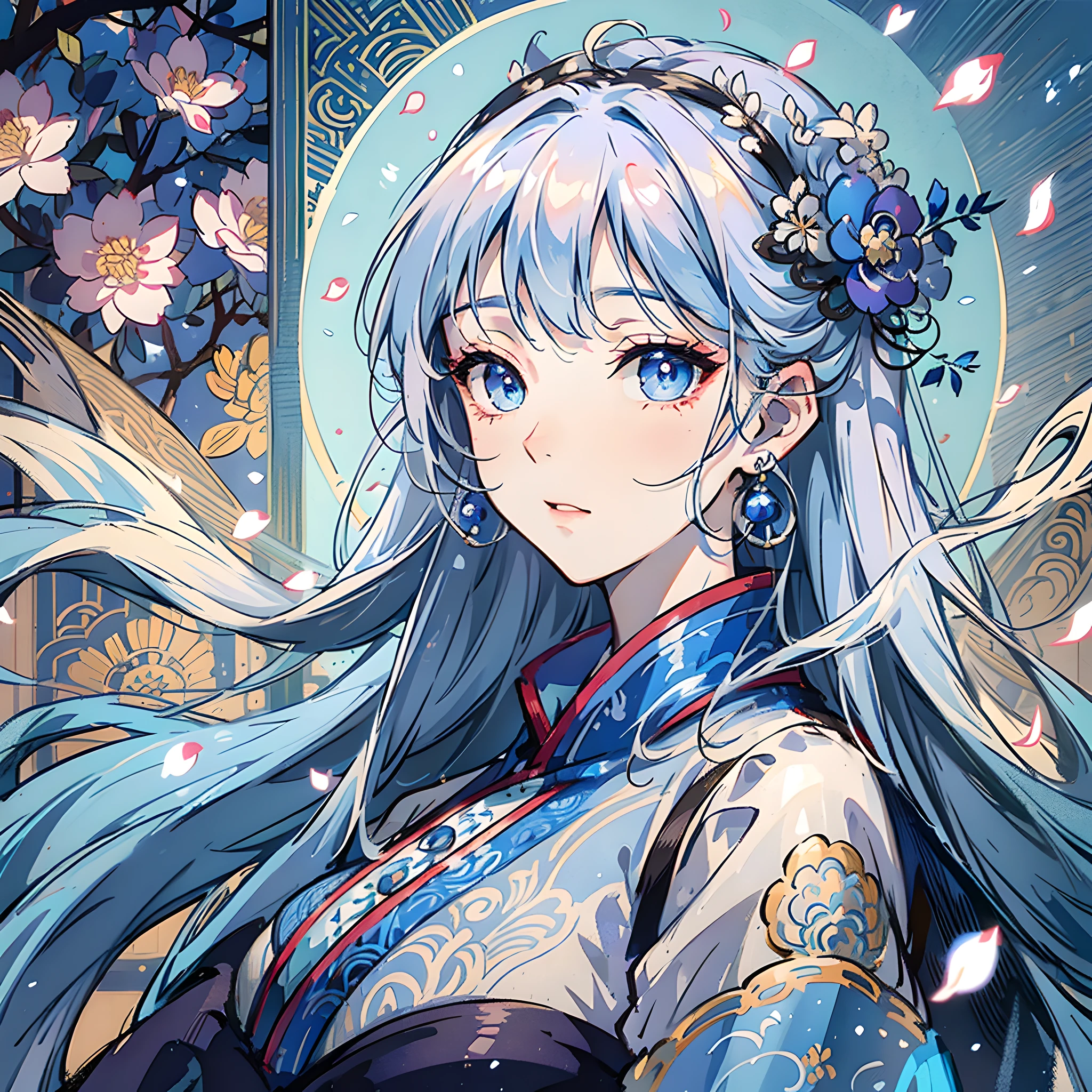 Mature girl, blue eyes, blue-white hair color, floating hair, delicate and flexible eyes, intricate damask hanfu, gorgeous accessories, wearing pearl earrings, masterpiece, ancient Chinese architecture, flower petals flying, front portrait lens, side light, sunlight on people, 8K --auto --s2