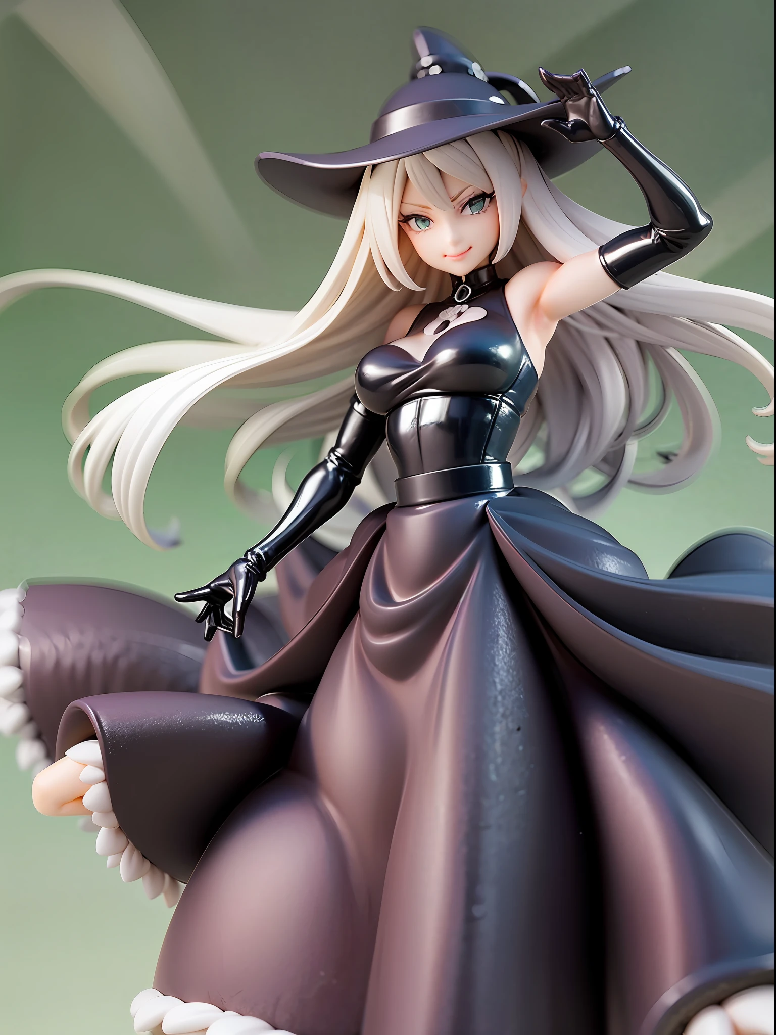 Elegant and mature Cynthia from Pokemon, long grey hair, beautiful green eyes, closed mouth, elegant pose, smile, full body, dressed in her iconic black and white dress, looking forward, battle scene background, white and black theme, mature expression, the elegant costume of Cynthia, with her iconic hat.