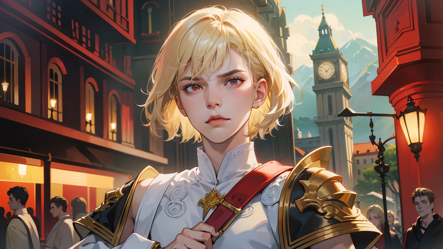kk, best quality, more details, masterpiece, 1 boy, portrait, male focus, ruby red eyes, solo, straight bangs, look at the viewer, noble clothes, short straight hair, ((fantasy city, palace))), highlights, (((ANNOYING, SERIOUS LOOK))) (holding a silver sword), (((blond hair, gold, straight cut over shoulders, LAZIO))), luxurious, 8k, detailed, ray tracing, depth of field, cinema lighting,