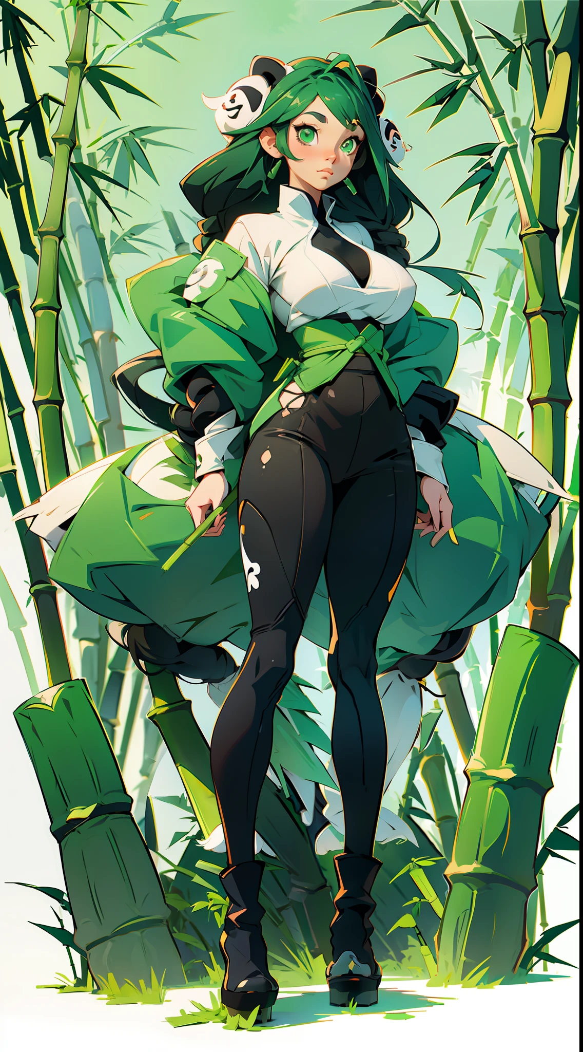 anime waifu panda, green eyes, long hair black and white, plush clothes, big boots, perfect body, huge breasts , (((background a garden bamboo)))