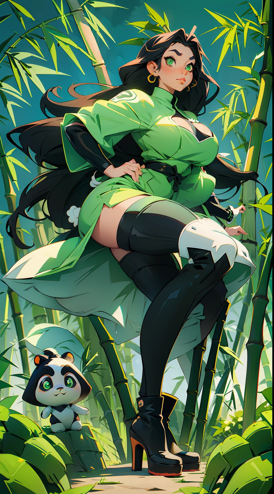 anime waifu panda, green eyes, long hair black and white, plush clothes, big boots, perfect body, huge breasts , (((background a garden bamboo)))