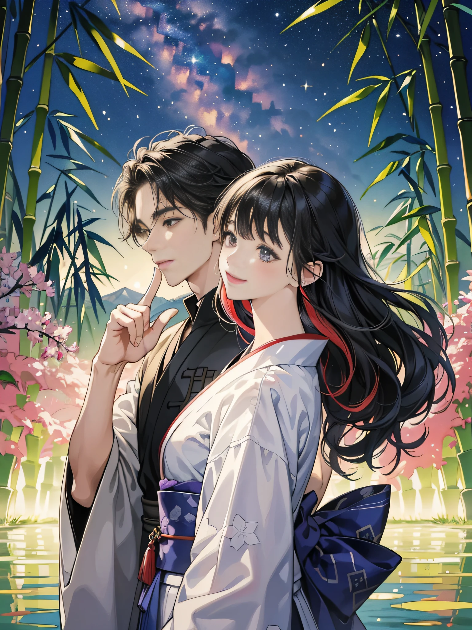 Side view,couple,(((1 man and 1 woman))),((「Dark night in the background, night sky, very mysterious Milky Way.」)),((1 man: most beautiful Japanese: 21 years old. HAORI HAKAMA and 1 woman: most beautiful: 18 years old. Glittering KIMONO)), smiling, black hair, medium hair, messy hair, (complicated , elegant, spacious, fantastic, wavy hair, lively, side view, Japanese style)),((man and woman smiling near river,)((bamboo, multicolored character tags on branches))) oil painting, soft varnish perfect face, kimono: 1.8, blue-yellow, light purple and purple additions,. Addition of pale red, intricate detail painting: 4K resolution, splash screen, 8K resolution, masterpiece, cute face, (natural {no pose}: 4 fingers and 1 thumb balance), Art Station Digital Painting: 4K resolution, splash screen, 8K resolution, masterpiece, cute face,. Art Station Digital Painting, flowing tulle, light silk, relaxed posture, ink painting style, clean colors, definitive cutting, blank, freehand, masterpiece, super detailed, magnificent composition, high quality, top quality,
